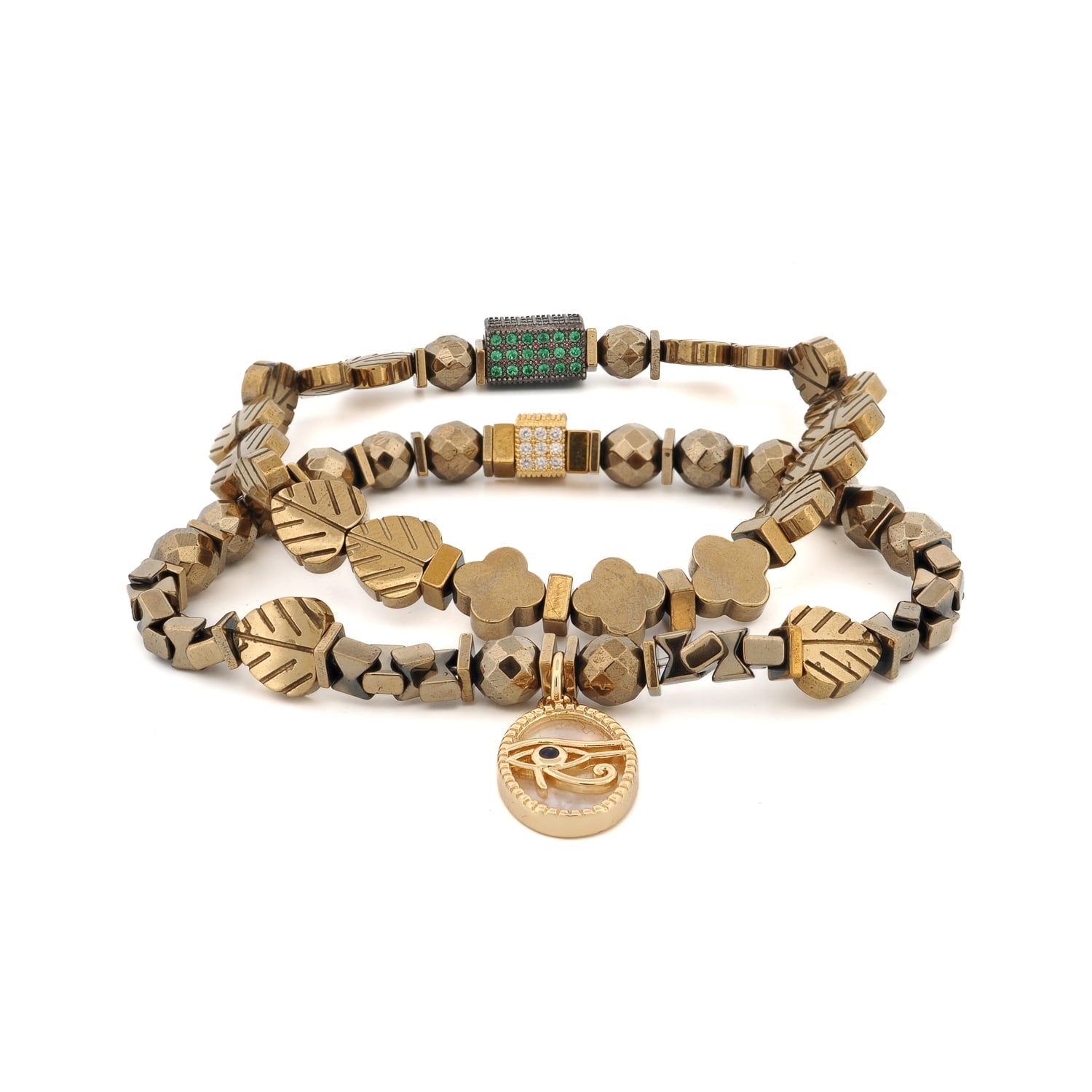 Eye Of Ra Charm Gold Hematite Stone Beaded Bracelet Set - Gold