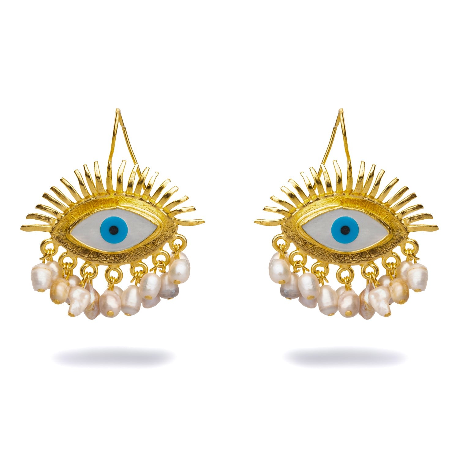 Eyes On You Gold & Pearl Chunky Evil Eye Earrings - Blue