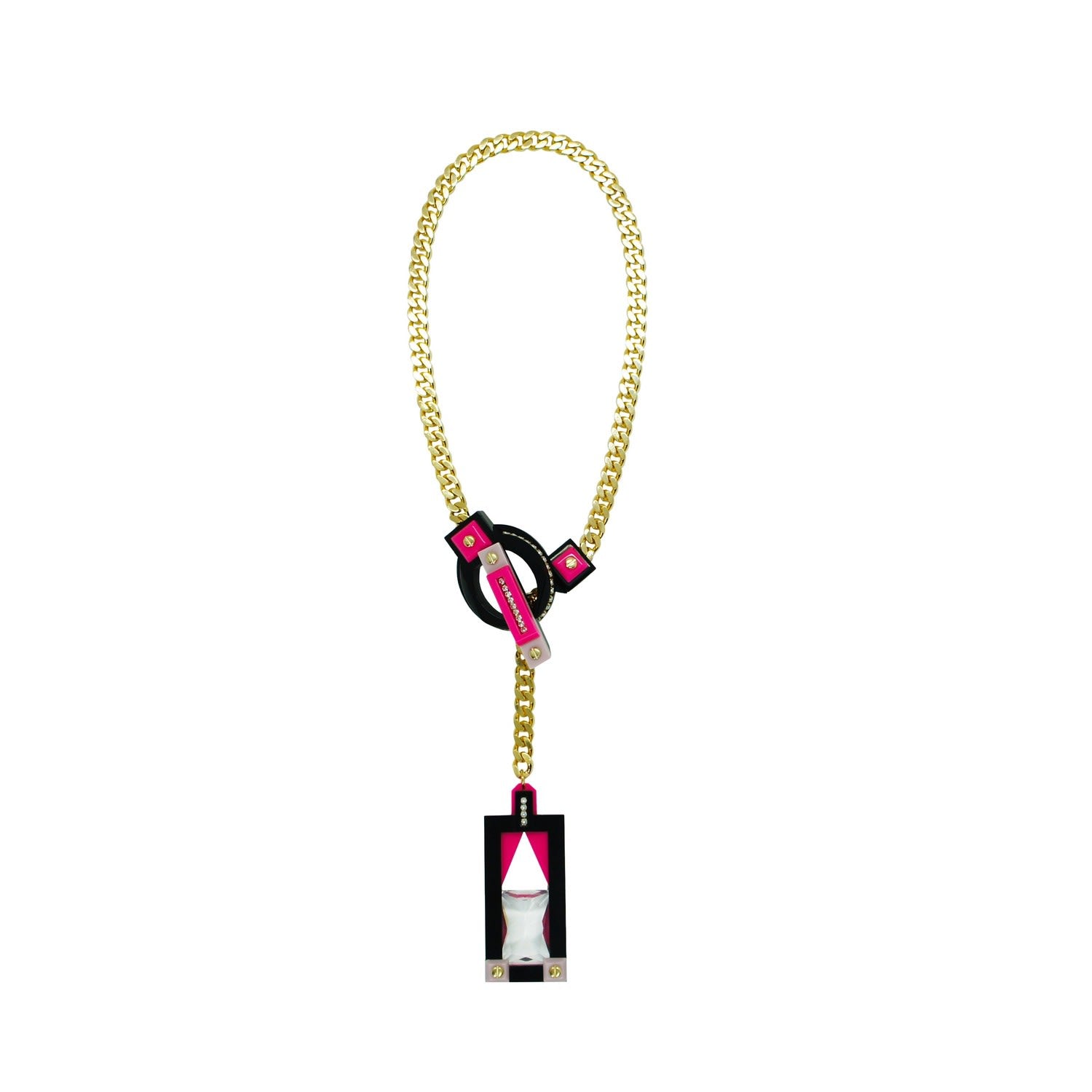 Handmade Acrylic Necklace Deco T Closure Rectangular Cut Stone Pink