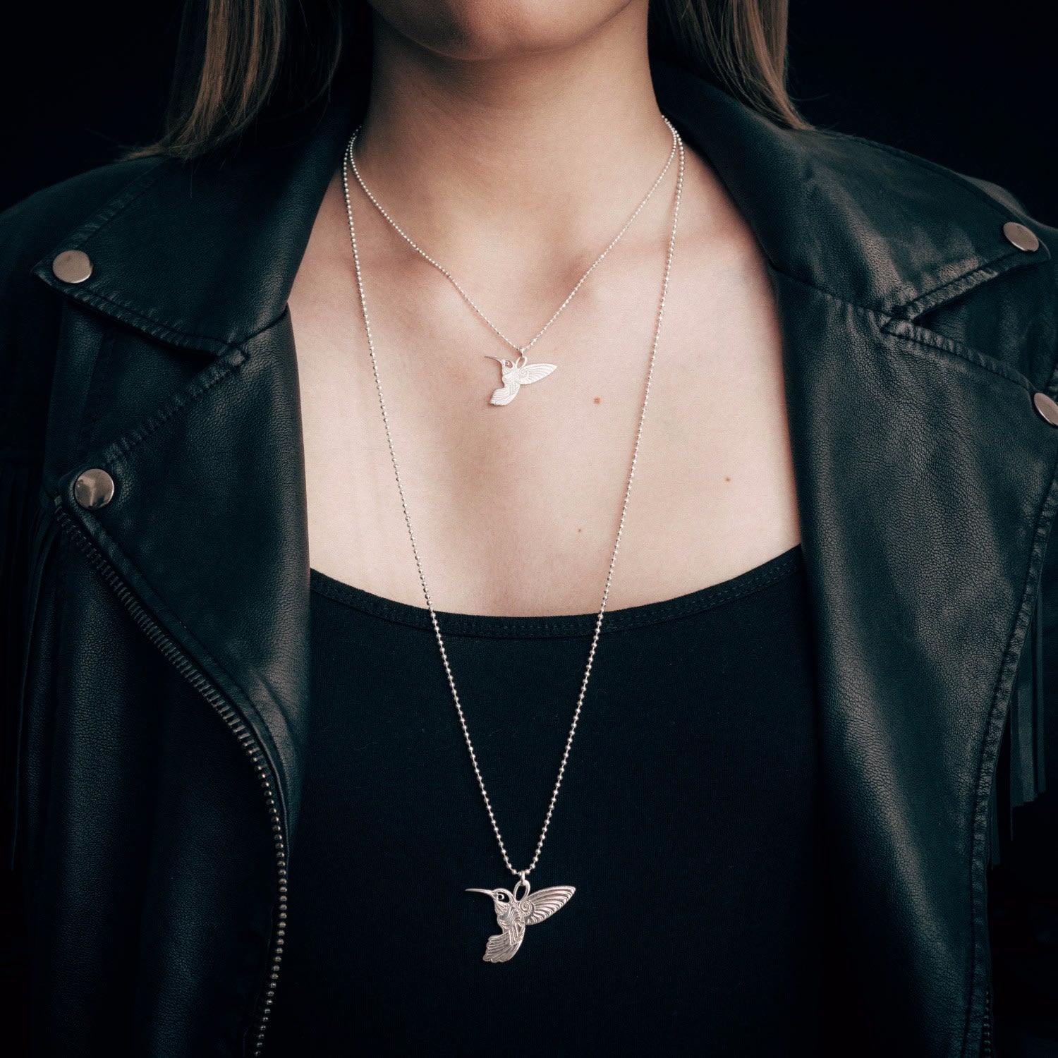 Medium Silver Humming Bird Pendant Necklace