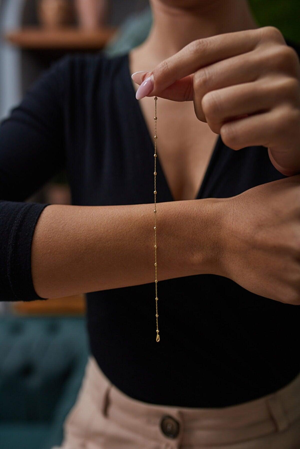 Bead Curb Chain Sterling Silver Adjustable Satellite Bracelet - Gold