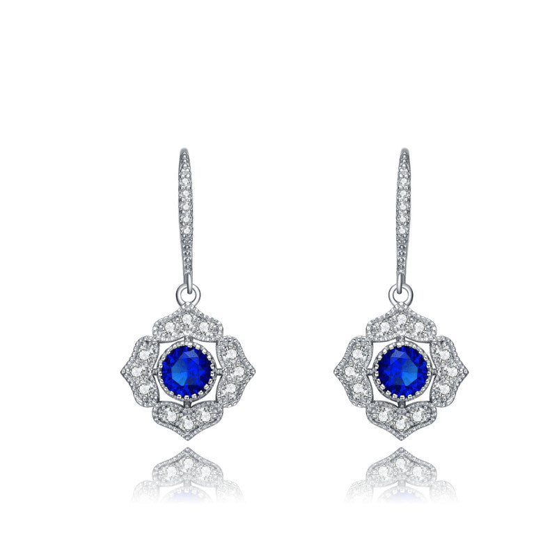 Genevive Jewelry Sterling Silver Sapphire Cubic Zirconia Petal Flower Drop Earrings