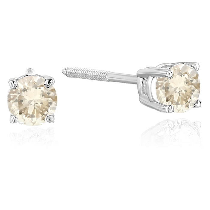 1/2 cttw Champagne Diamond Stud Earrings 14K White Gold Round with Screw Backs