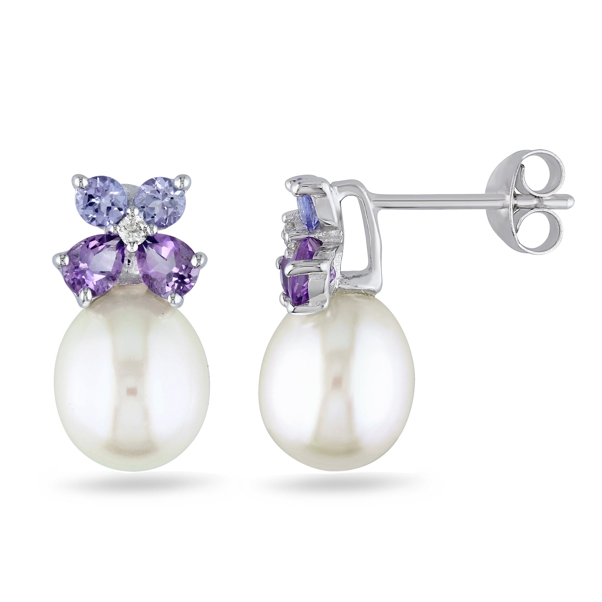 Mimi & Max 8-8.5 mm White Cultured Freshwater Pearl, Diamond, Tanzanite and Amethyst Stud Earrings in Sterling Silver