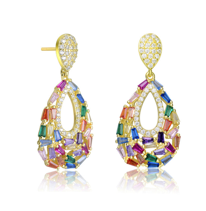 Sterling Silver With Gold Plated Multi Color Baguette And Round Cubic Zirconia Pear Shape Drop Earrings