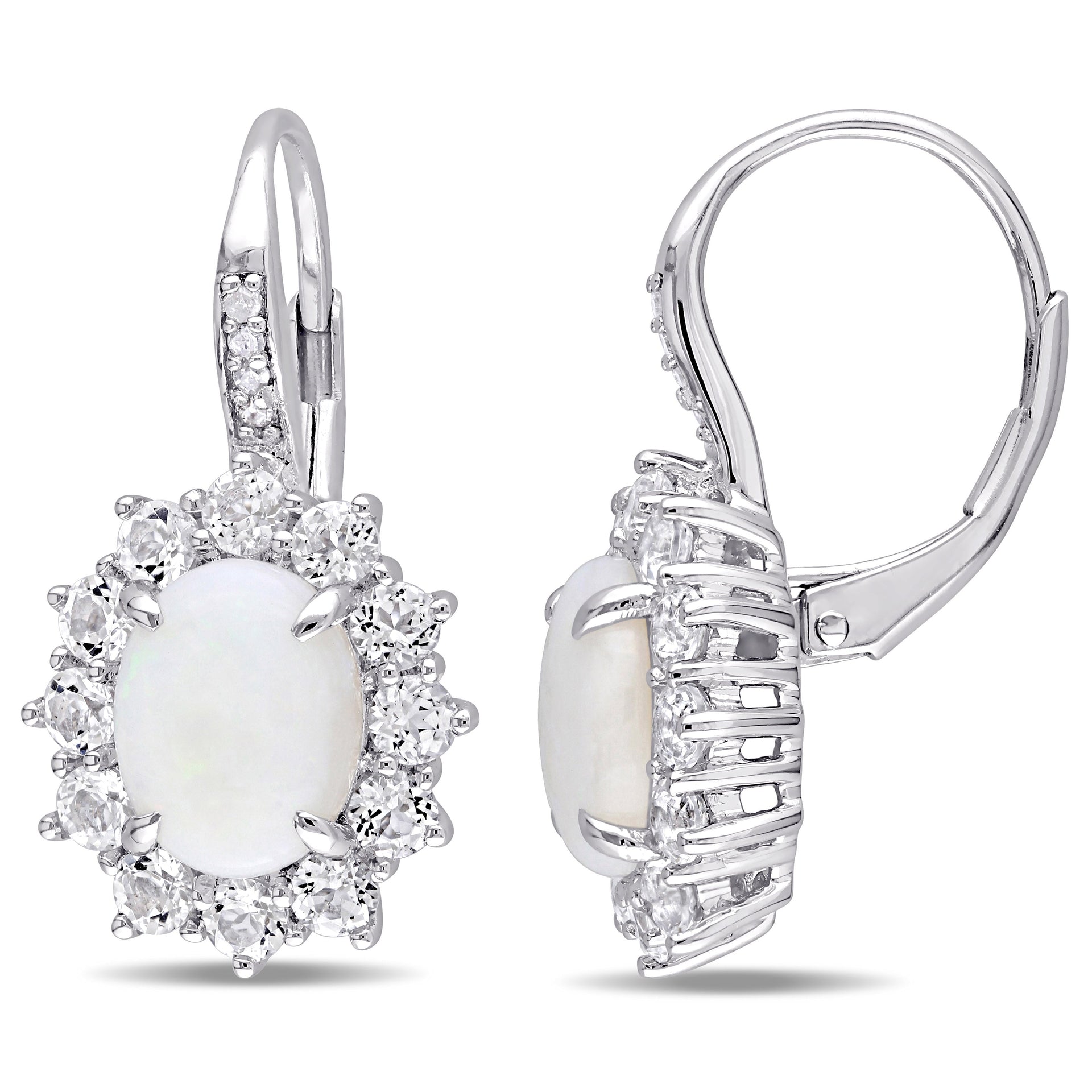 Mimi & Max 3 7/8ct TGW Opal, White Topaz and Diamond Accent Halo Leverback Earrings in Sterling Silver