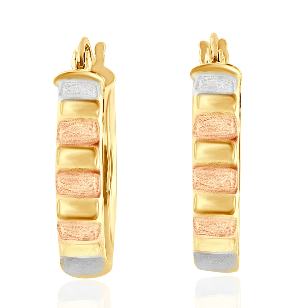 14k Yellow Gold 4mm Small Tri-Color Hoops Women's Earrings 3/4' Tall 1.35grams