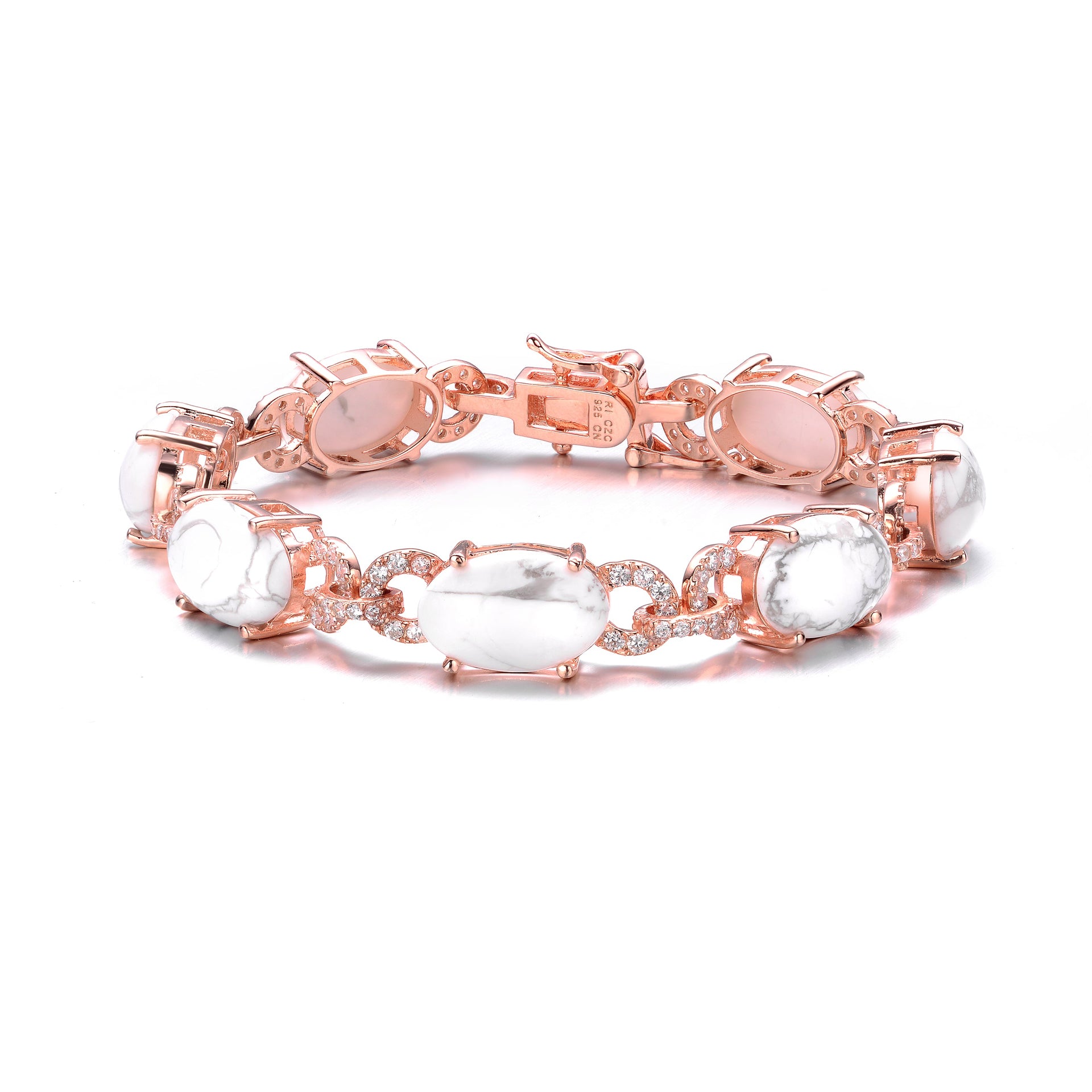 Sterling Silver Rose Gold Plated Howlite and Cubic Zirconia Link Bracelet
