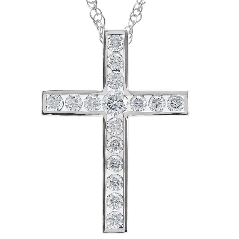 1 1/2 Ct Diamond Cross Pendant Necklace 18' 10k White Gold 32mm Tall
