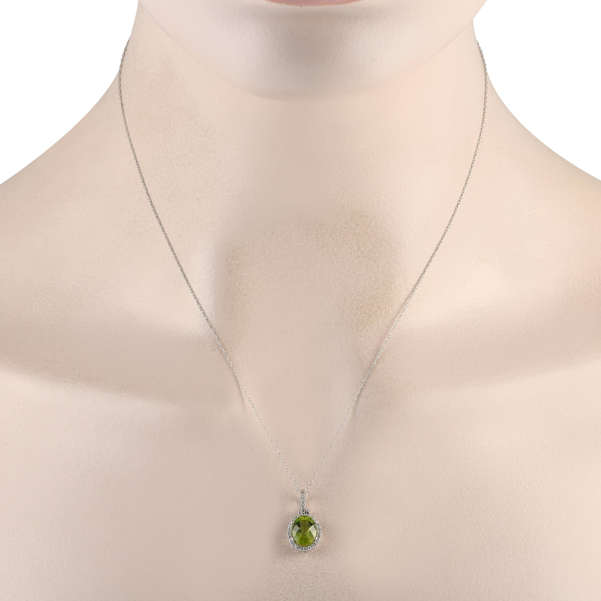LB Exclusive 14K White Gold 0.13ct Diamond and Peridot Oval Pendant Necklace PD4-15500WPE