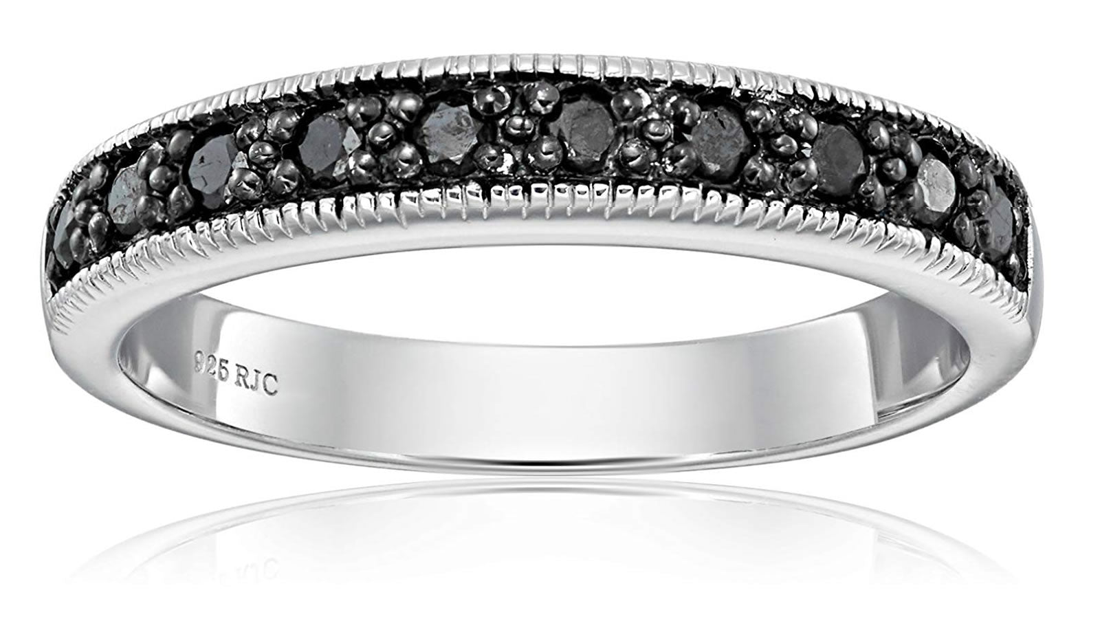 1/4 cttw Black Diamond Ring Wedding Band with Milgrain in .925 Sterling Silver