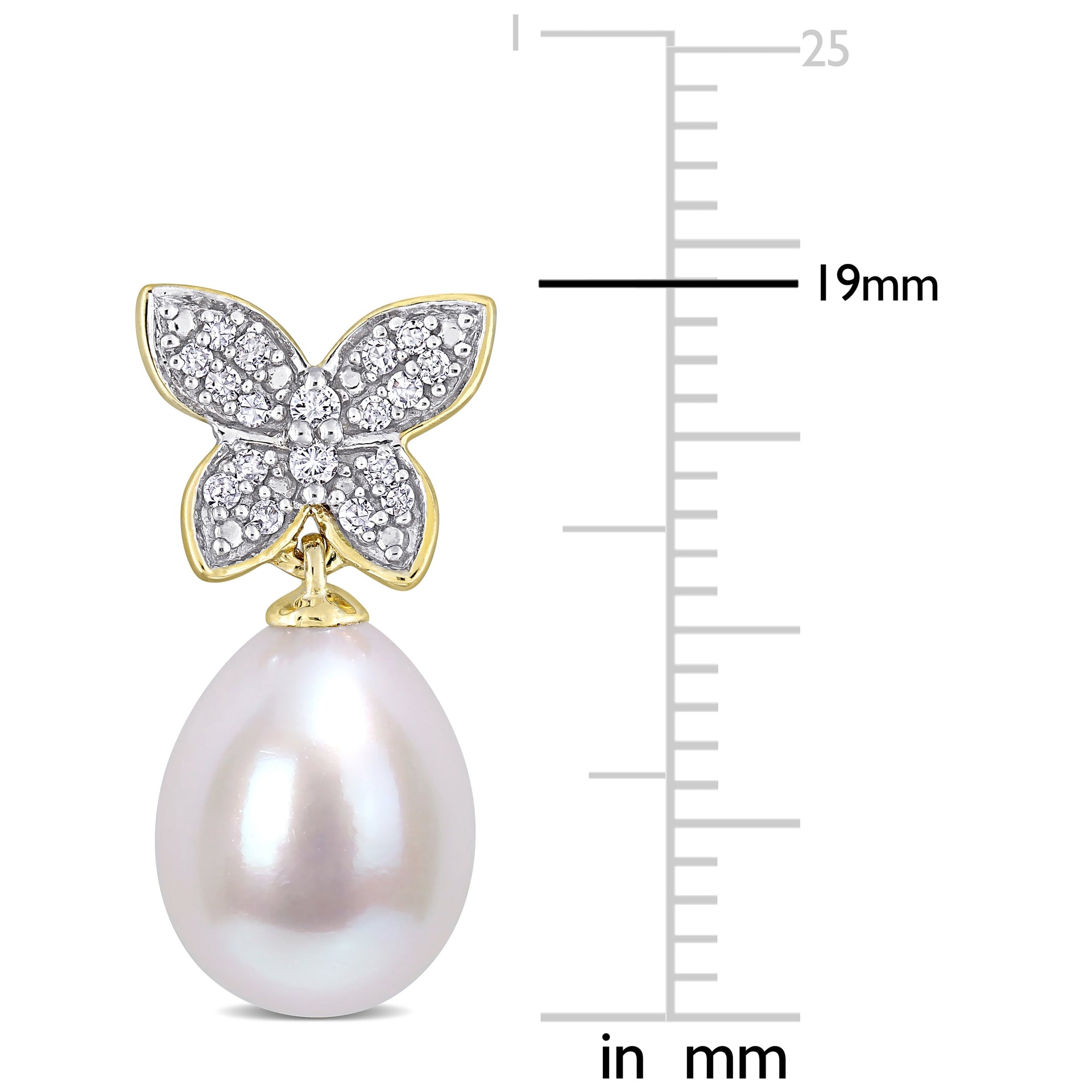 8.5-9 MM Freshwater Cultured Pearl and 1/8 CT TDW Diamond Butterfly Drop Earrings in 10k Yellow Gold