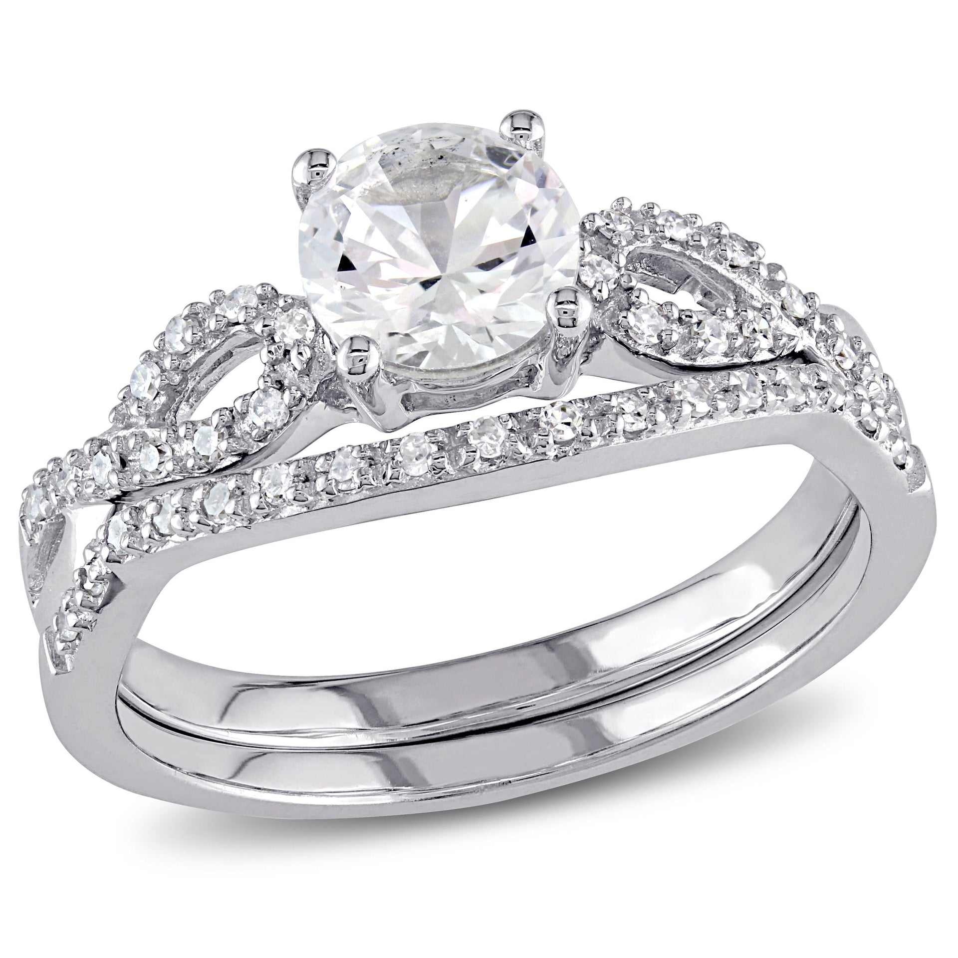 Created White Sapphire and 1/6 ct TW Diamond Bridal Set in 10k White Gold
