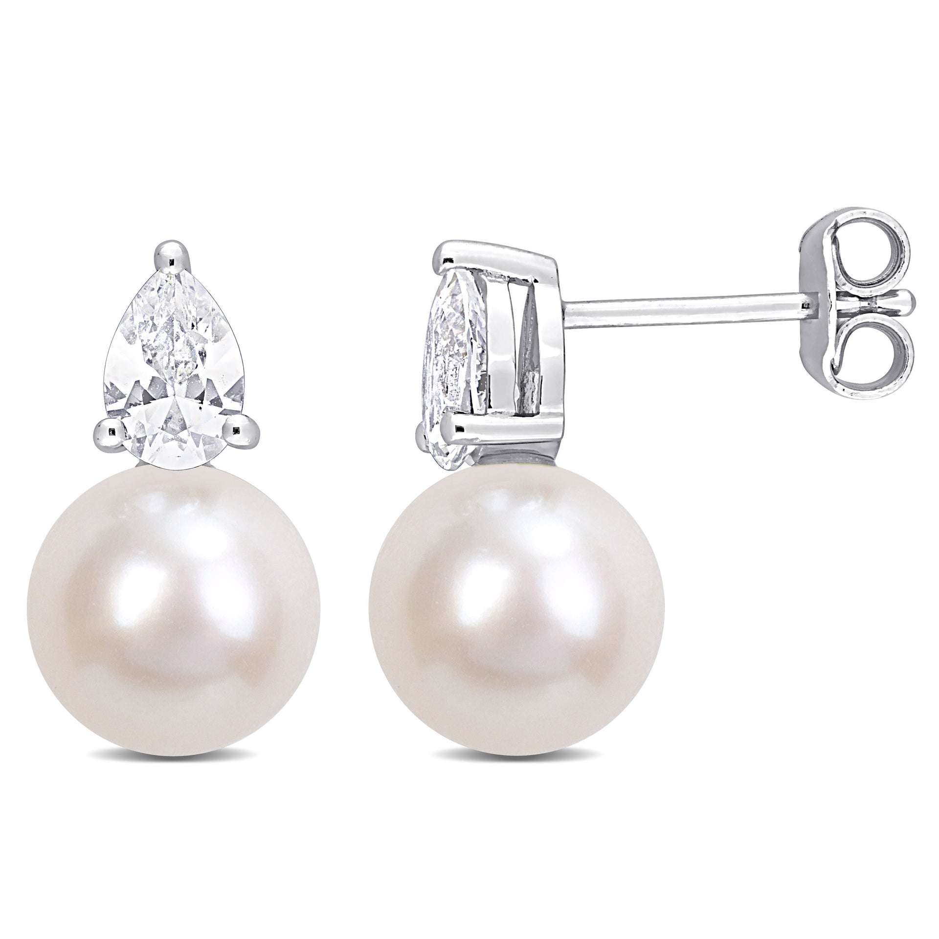 8.5-9 MM White Freshwater Cultured Pearl and 1 1/3 CT TGW Created White Sapphire Stud Earrings in Sterling Silver