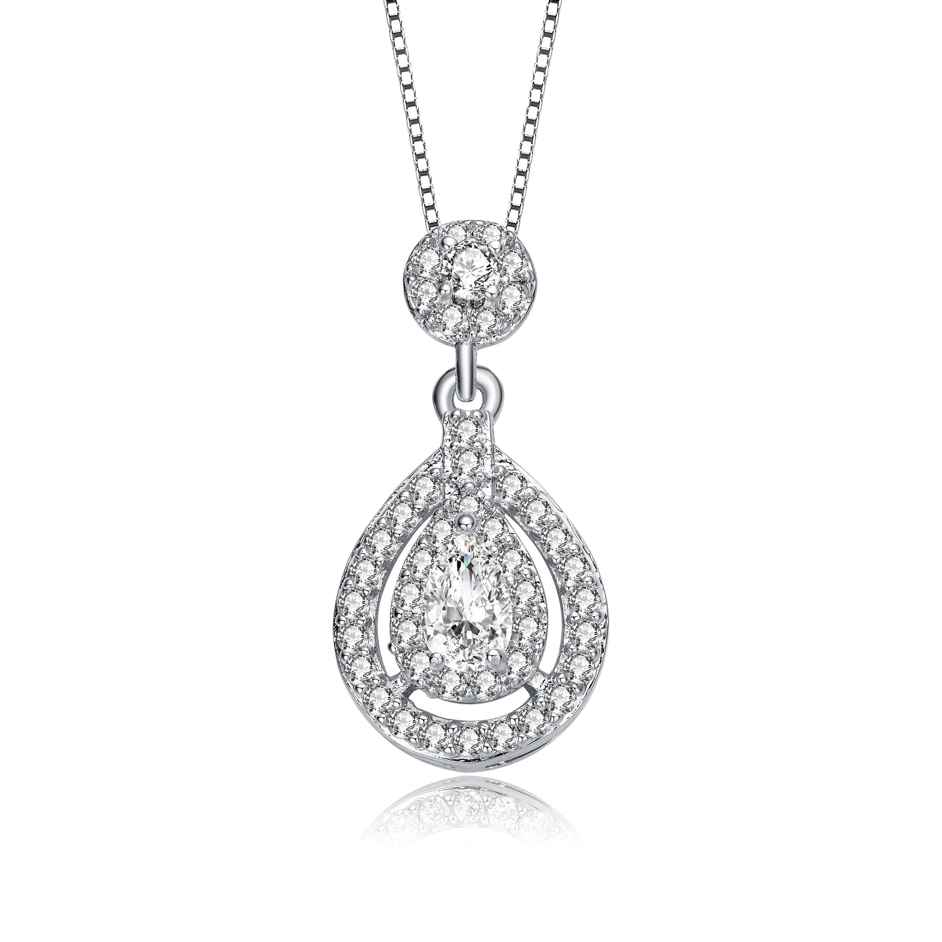 Sterling Silver With Rhodium Plated Pear And Round Cz Accent Drop Pendant Necklace