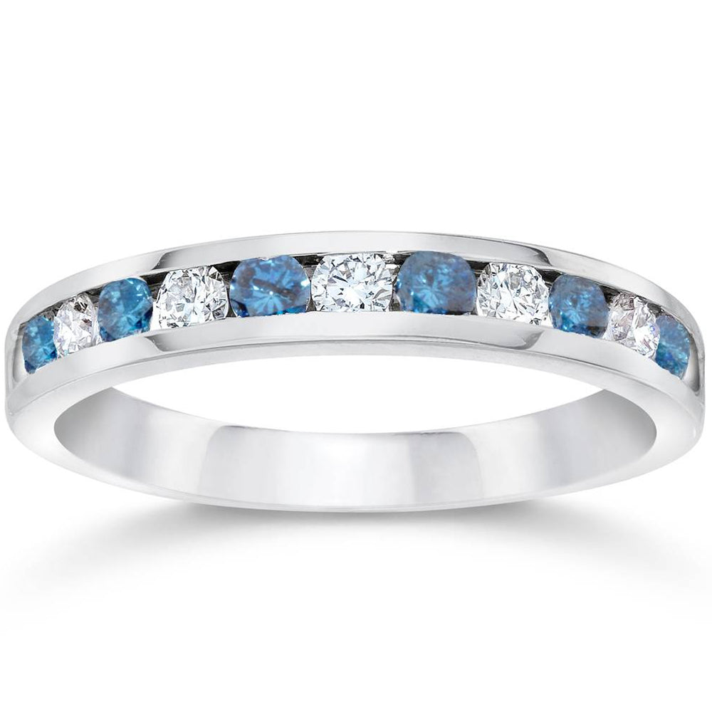1/2ct Blue & White Diamond Channel Set Wedding Ring 14K White Gold Size Selectable