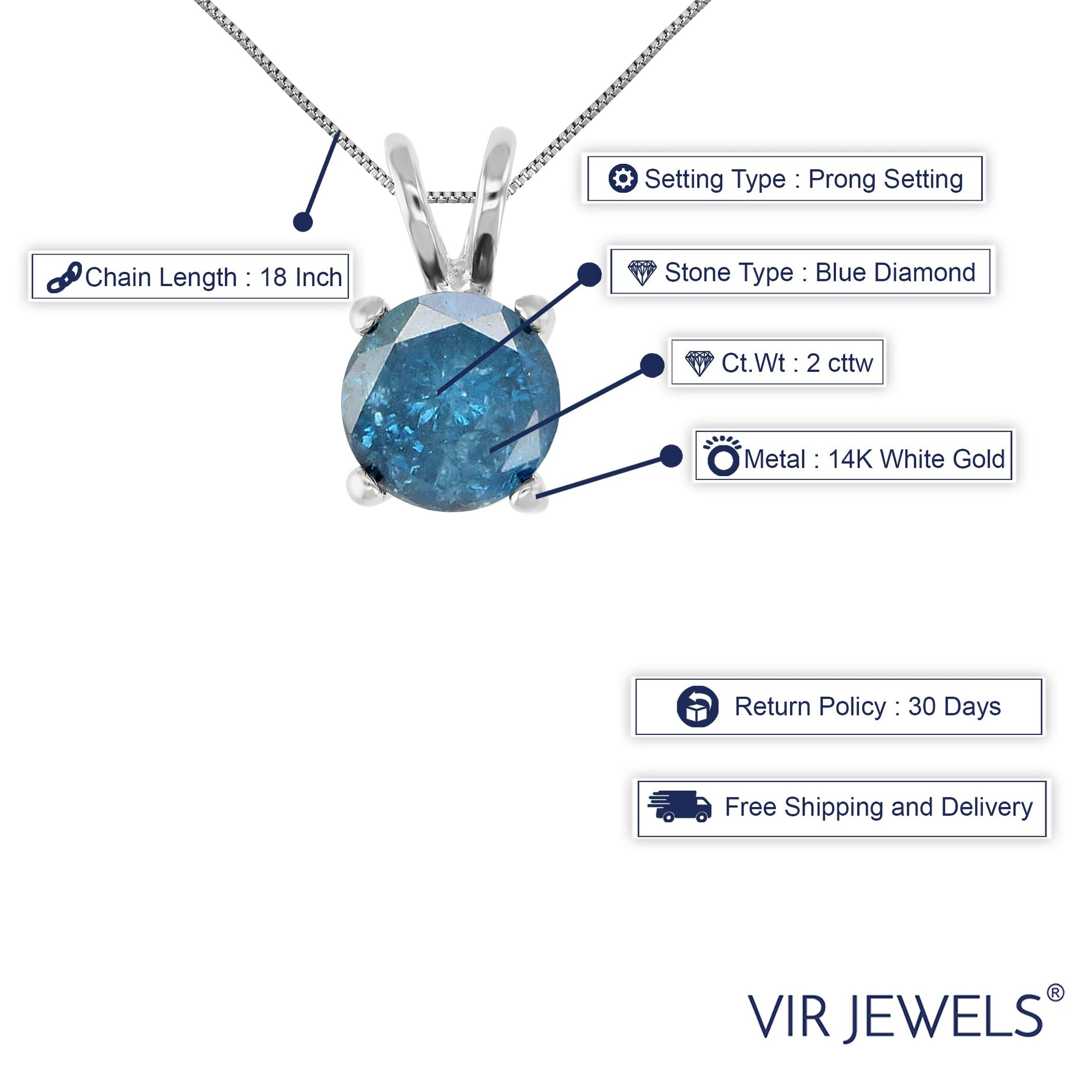 2 cttw Blue Diamond Solitaire Pendant Necklace 14K White Gold Round with Chain