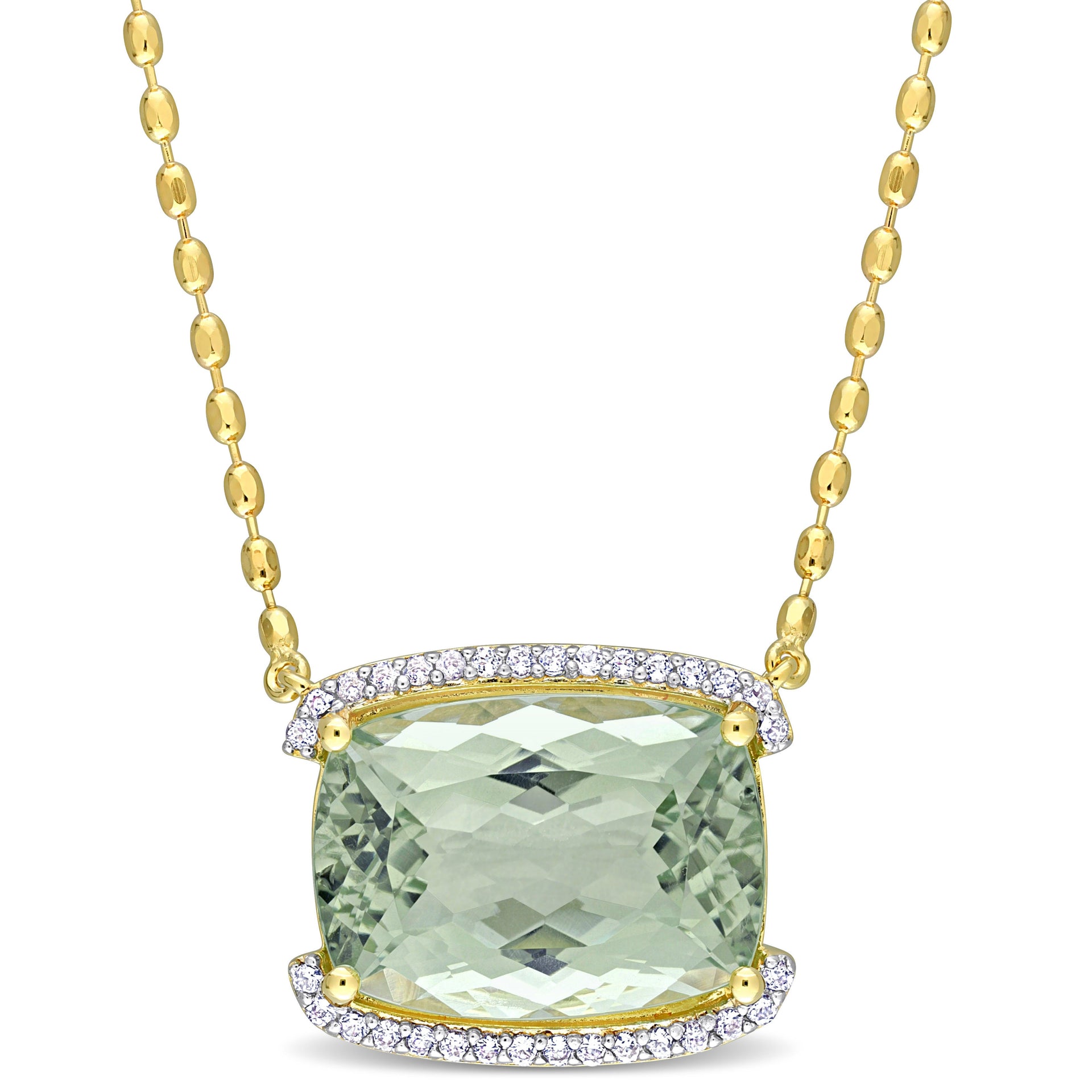 Mimi & Max Womens 16 5/8ct TGW Cushion-Cut Green Quartz and White Topaz Semi-Halo Necklace Yellow Plated Sterling Silver