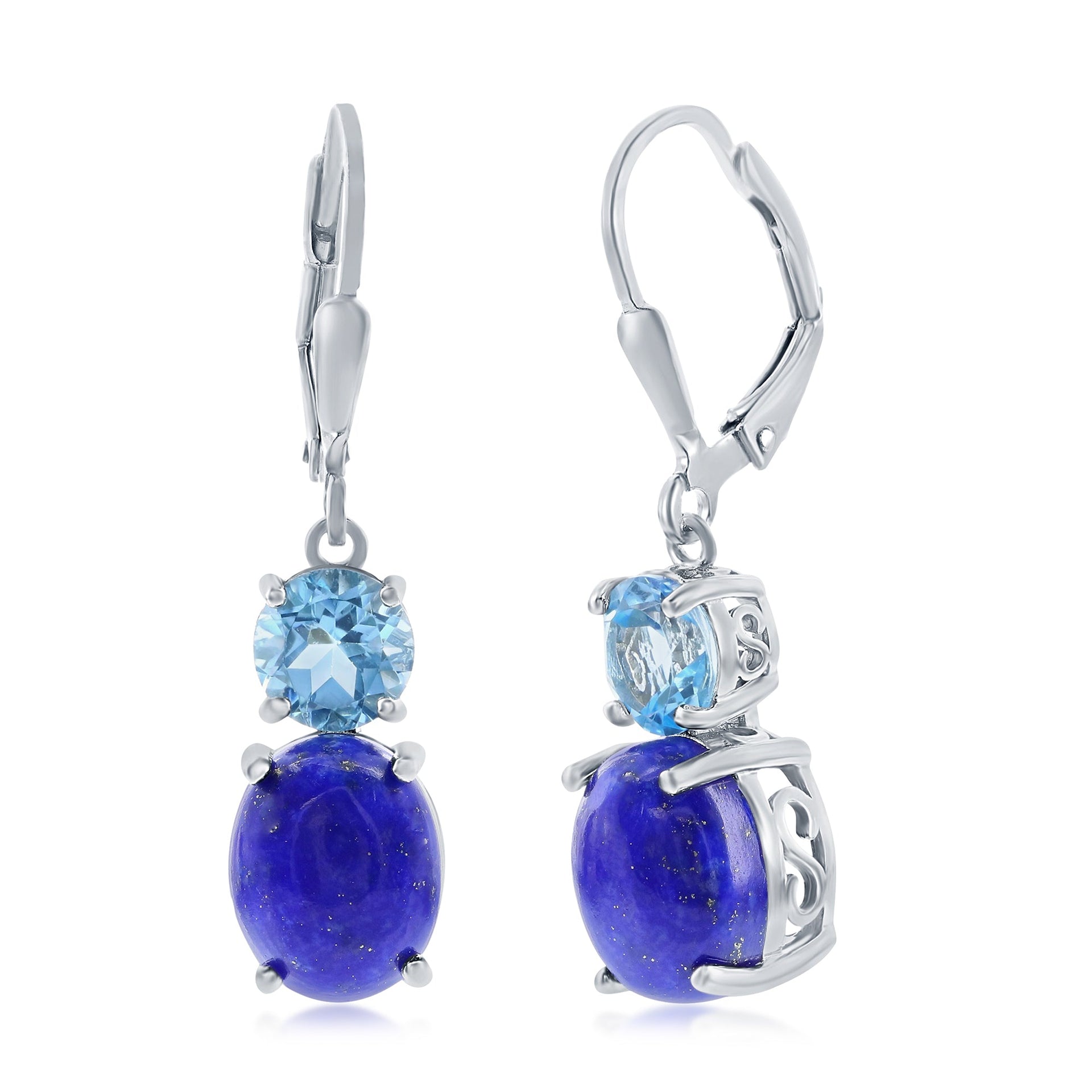 Sterling Silver Oval Lapis & Round Gem Earrings - Blue Topaz