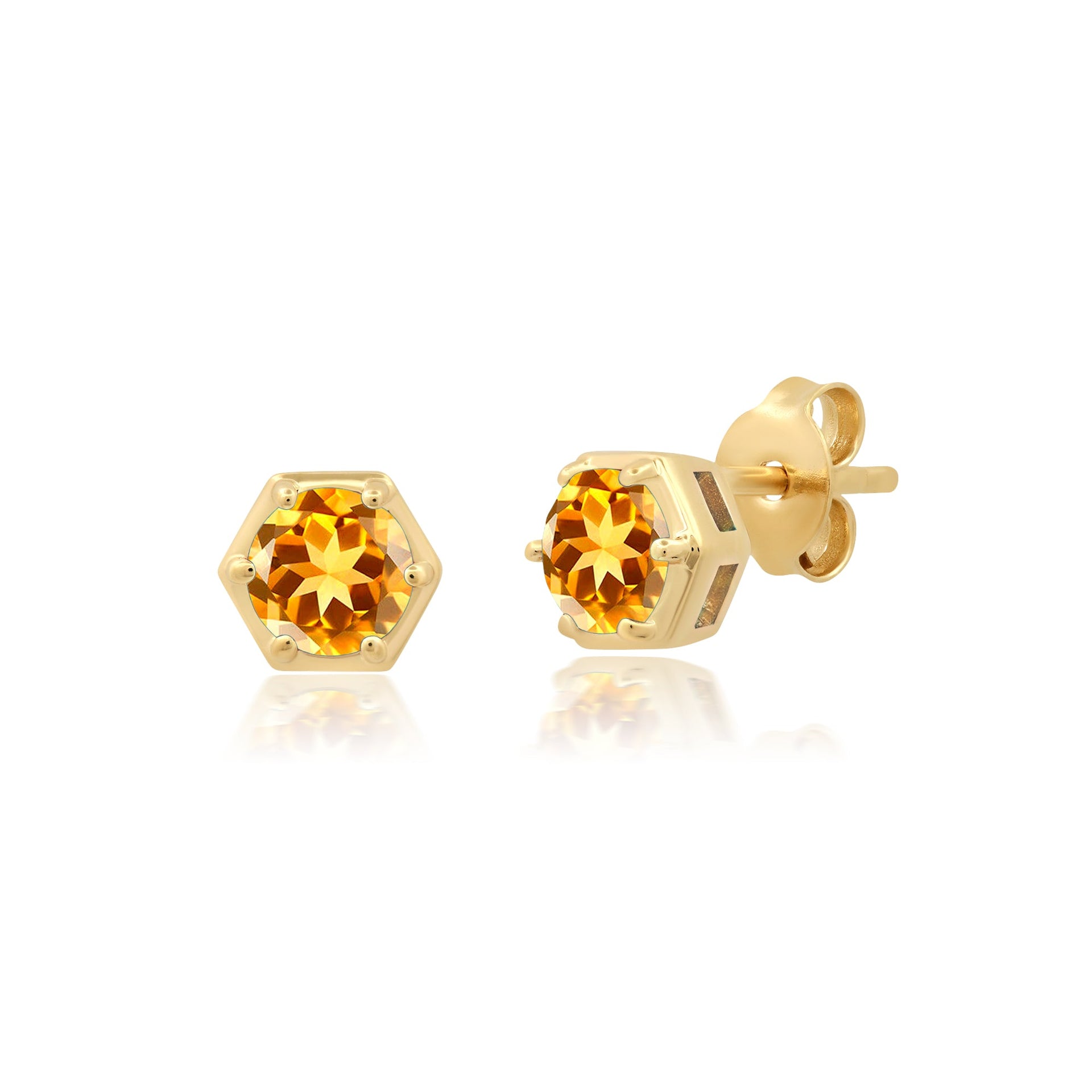 Sterling Silver and 14k Yellow Gold Plated Round Cut 5mm Gemstone Hexagon Stud Earrings with Push Backs