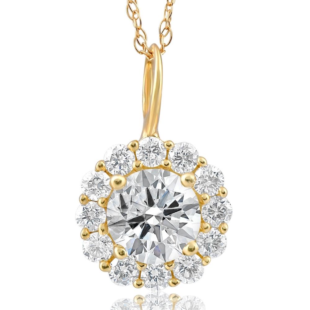 1 Ct Halo Diamond Pendant 14k Yellow Gold 18' Chain Necklace