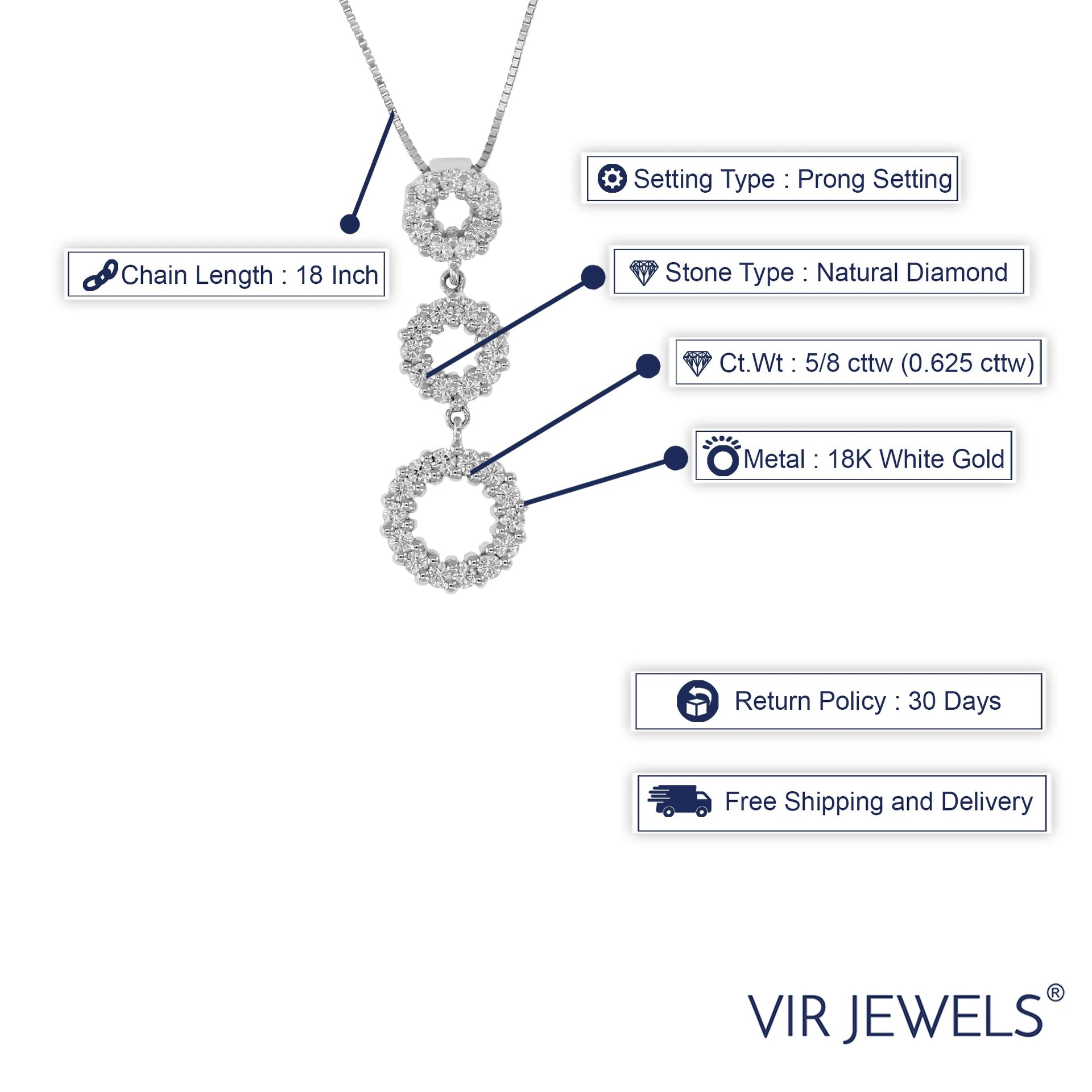 5/8 cttw Diamond Pendant, Diamond 3 Stone Cluster Pendant Necklace for Women in 18K White Gold with 18 Inch Chain, Prong Setting