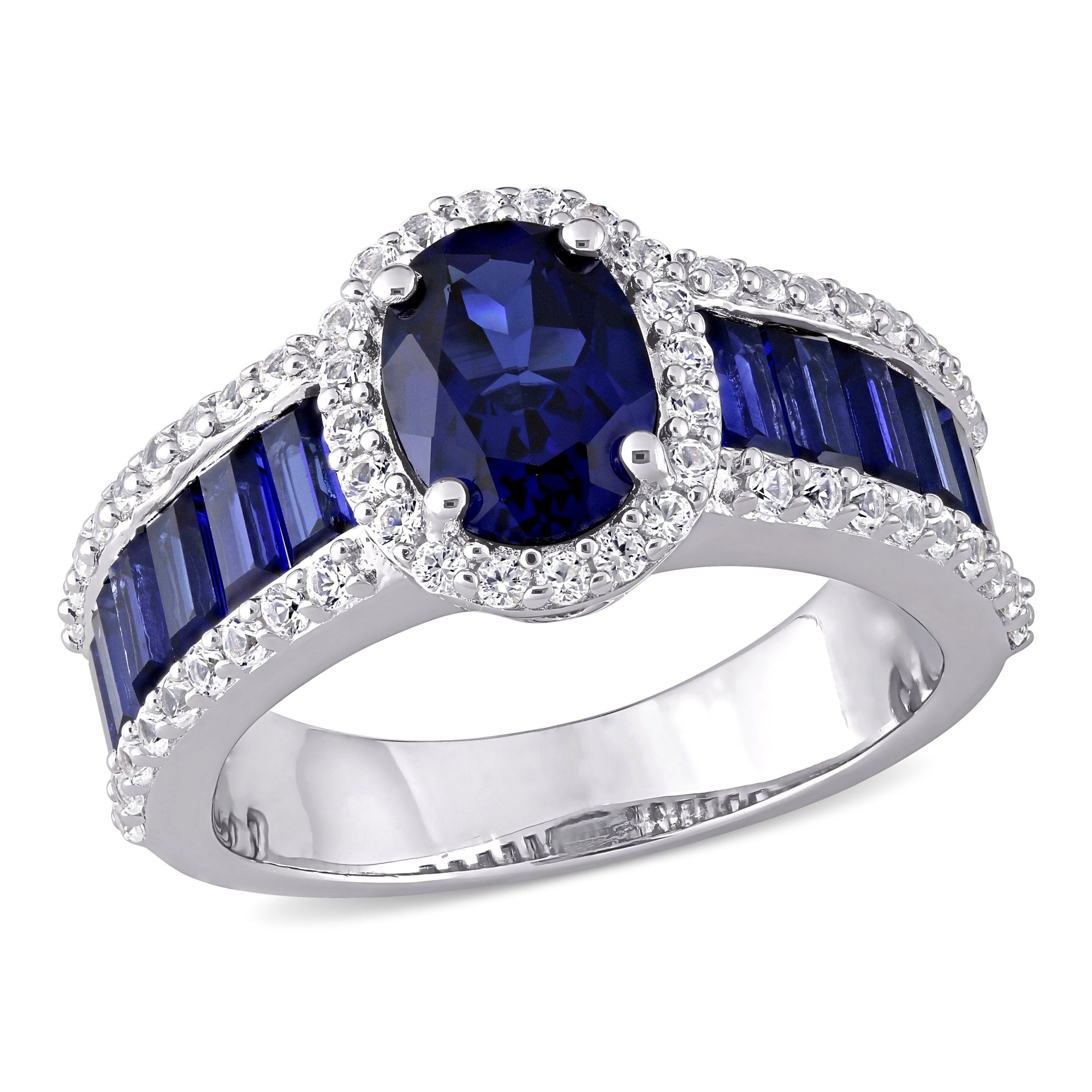 4 3/4 ct TW Oval-Cut Created Blue and White Sapphire Vintage Halo Ring in Sterling Silver
