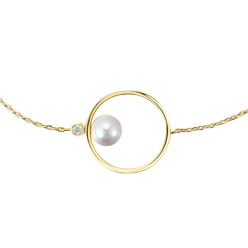 14k Gold Plated with White Freshwater Pearl Solitaire Asymmetrical Wire Halo Delicate Bracelet
