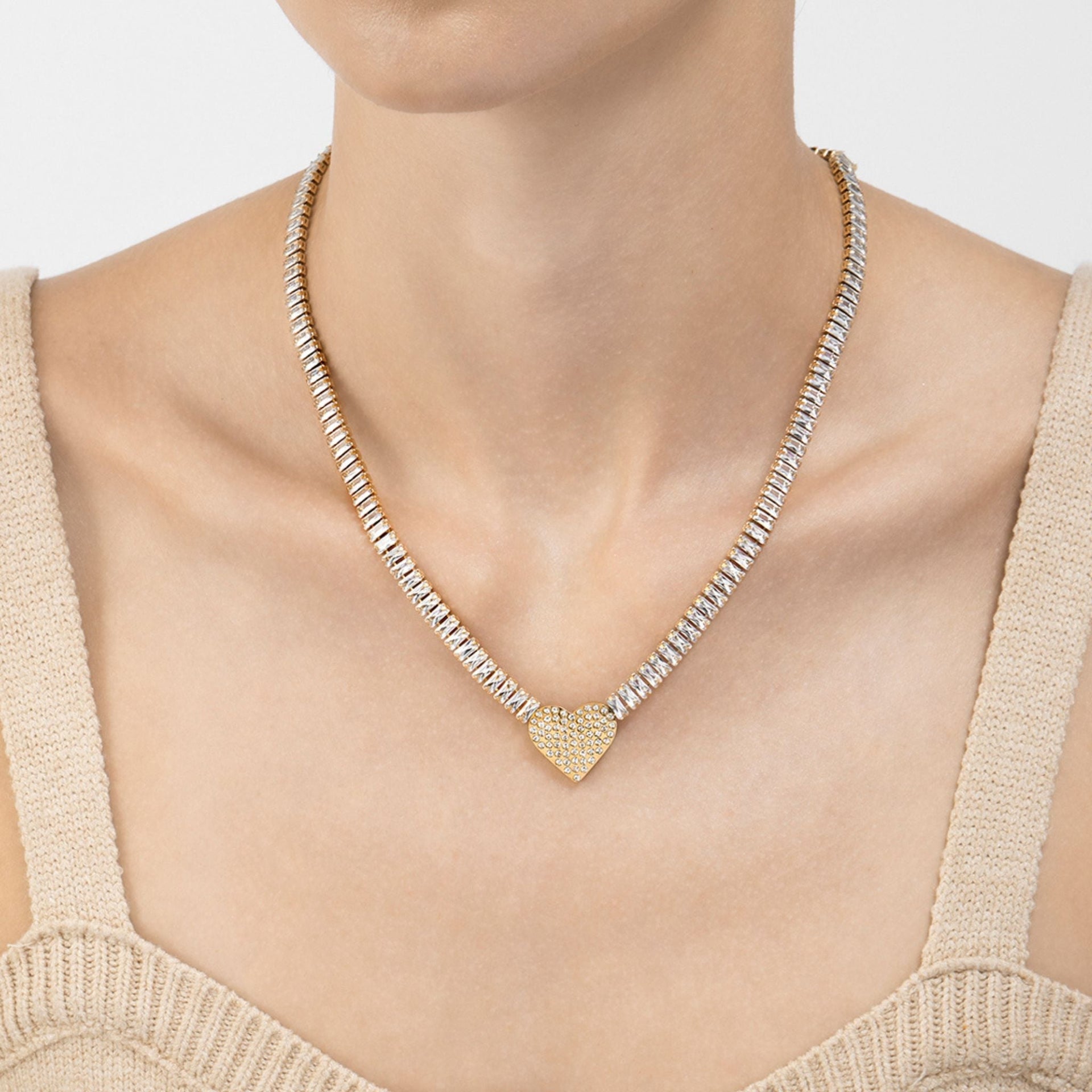 14k Gold Plated Baguette Tennis Necklace with Pave Heart Pendant