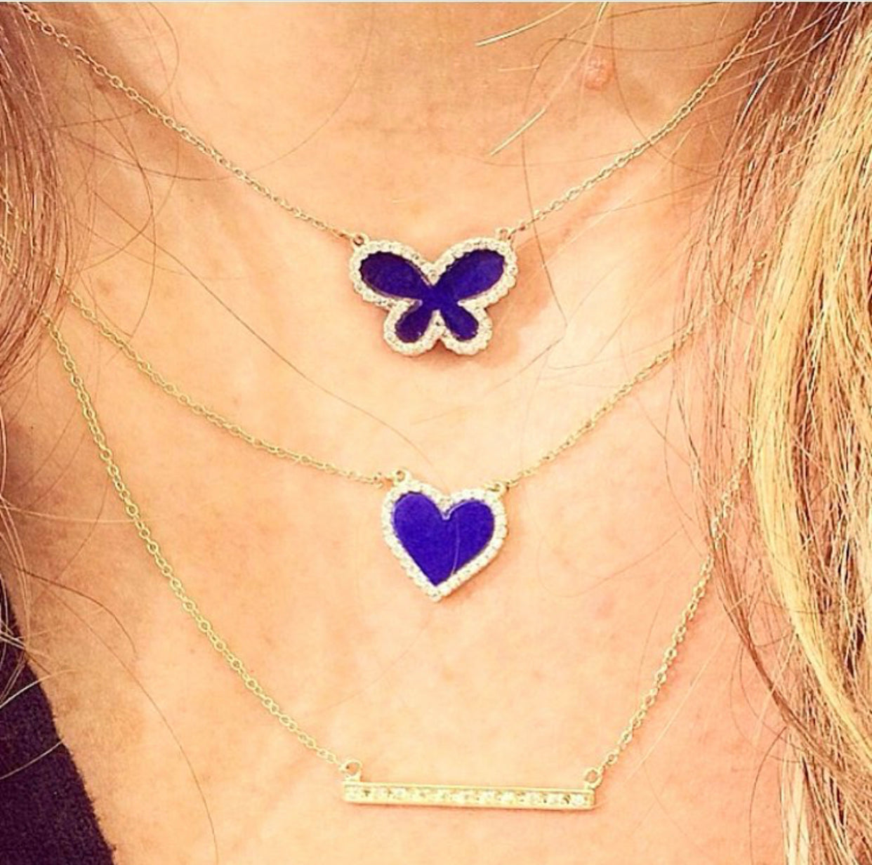 Diamond Lapis Butterfly Necklace (Medium) Yellow Gold