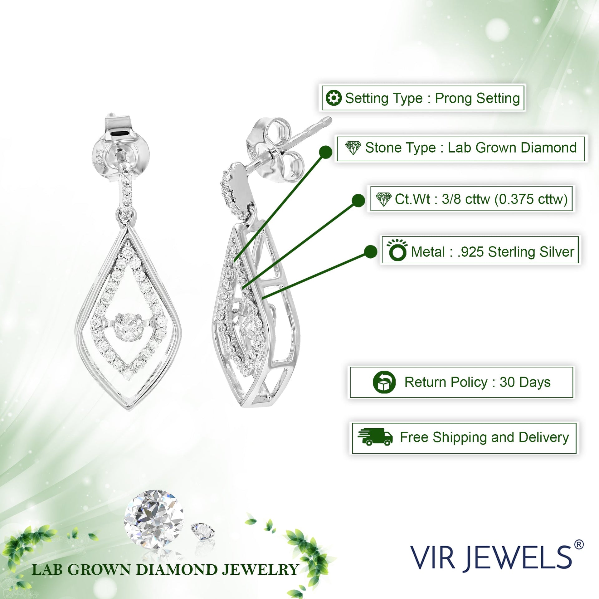 3/8 cttw 56 Stones Round Lab Grown Diamond Dangle Earrings .925 Sterling Silver Prong Set 3/4 Inch
