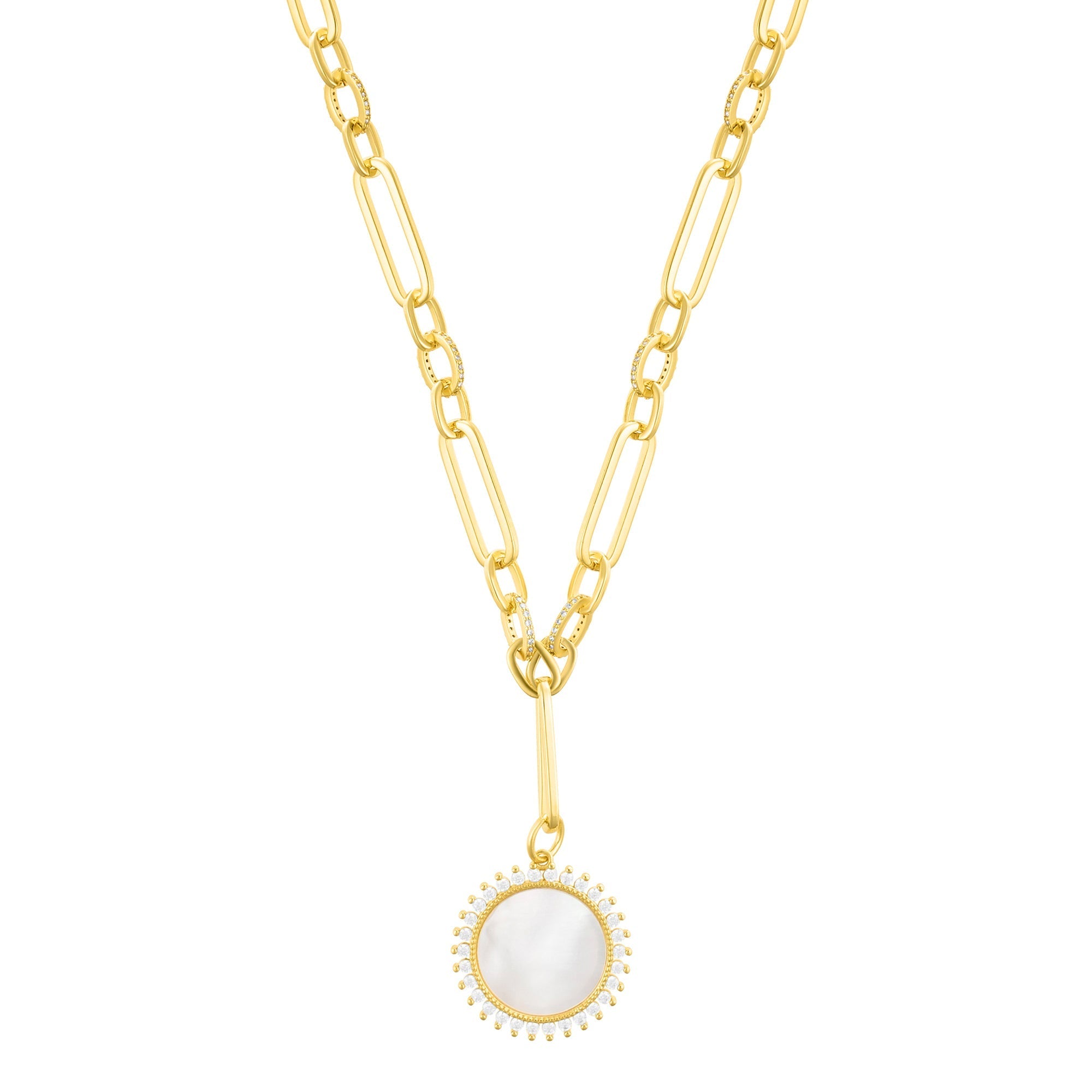 14k Gold Plated Mother of Pearl CZ Halo Disc Mixed Link Y