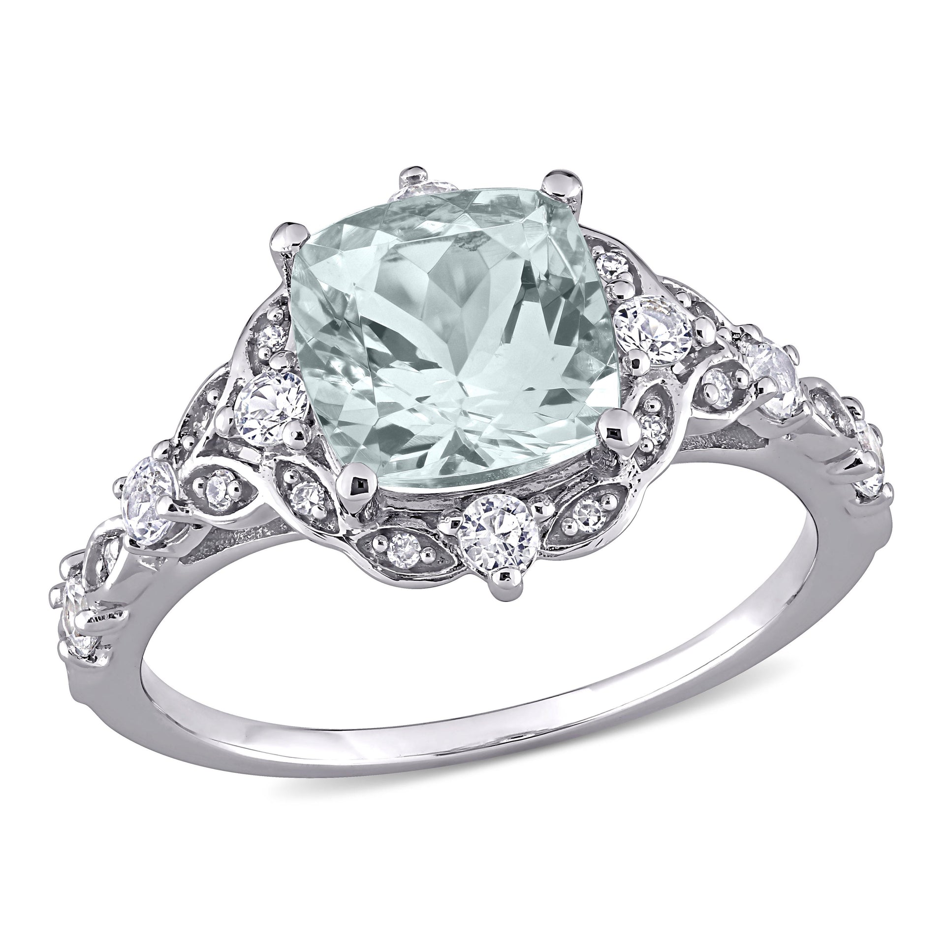 2 3/5ct TW Cushion-Cut Aquamarine, White Sapphire and Diamond Accent Ring in 14k White Gold