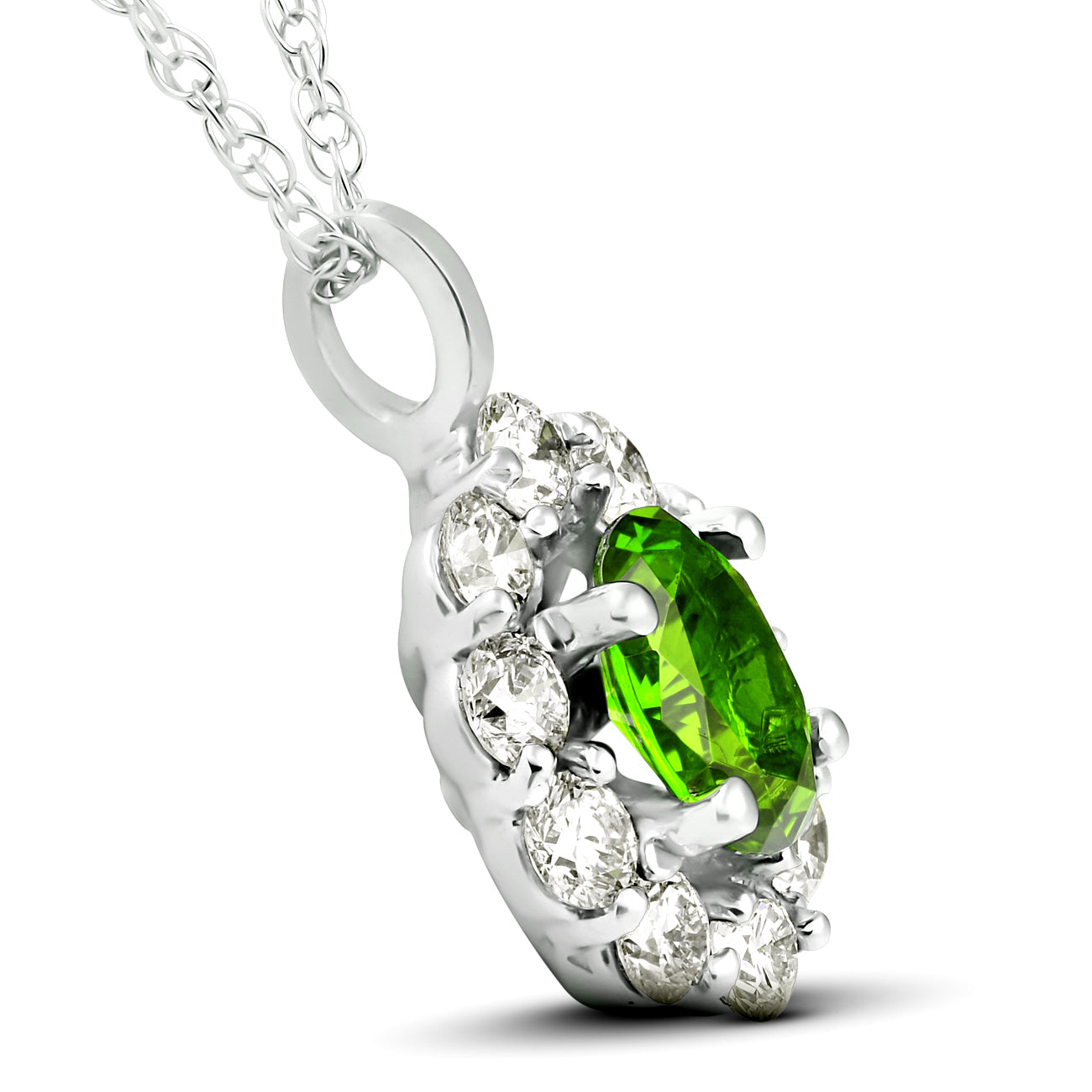 1 3/4ct Oval Peridot & Genuine Diamond Halo Pendant 14K White Gold