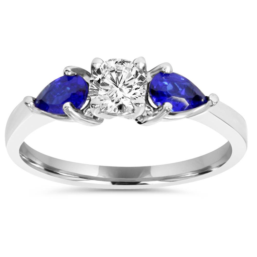 1ct 3 Stone Pear Shaped Blue Sapphire & Diamond Engagement Ring 14K White Gold