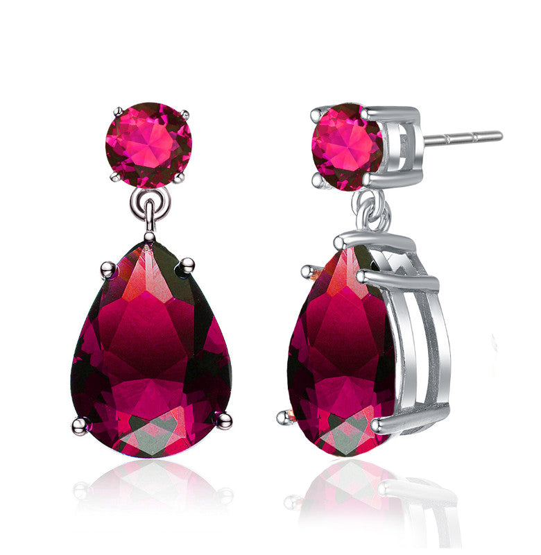 Sterling Silver White Gold Plated With Colored Cubic Zirconia Accent Drop Earrings