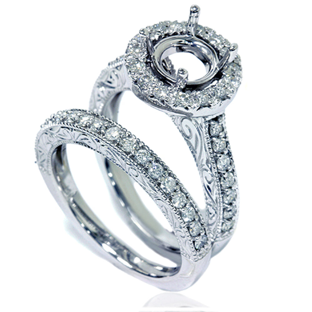 1ct Vintage Engagement Ring Set Semi Mount 14K White Gold
