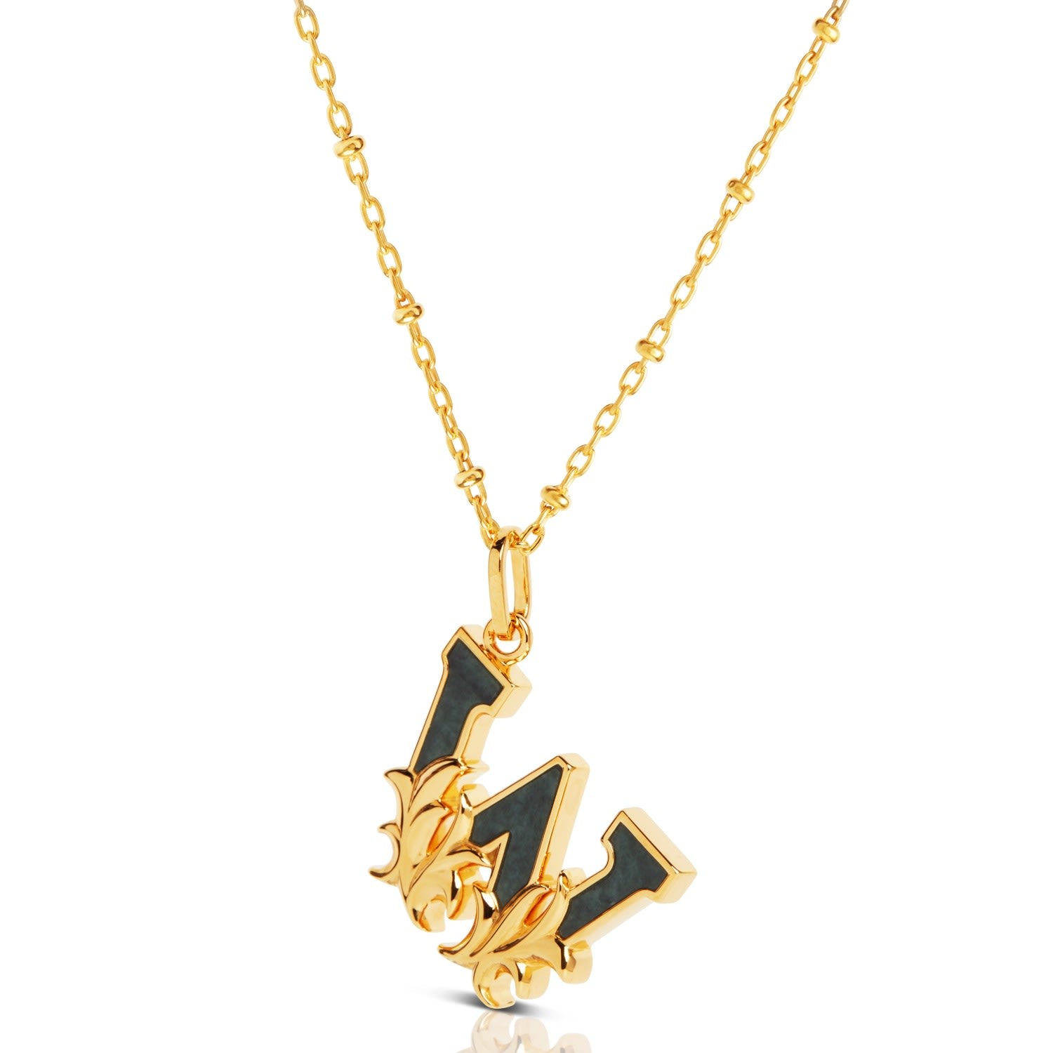 Gold Plated W Initial Necklace With Green Marble