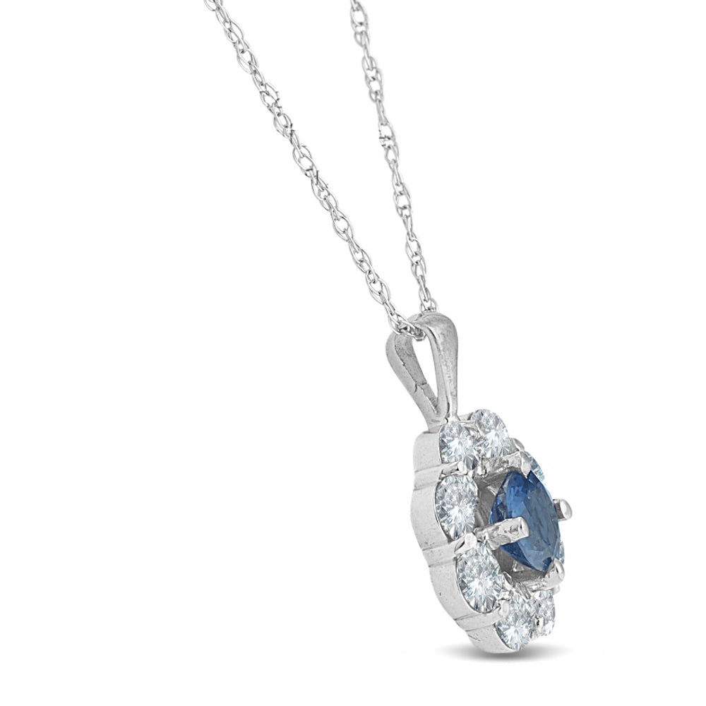 1 1/4ct Blue Sapphire & Diamond Halo Pendant 14K White Gold