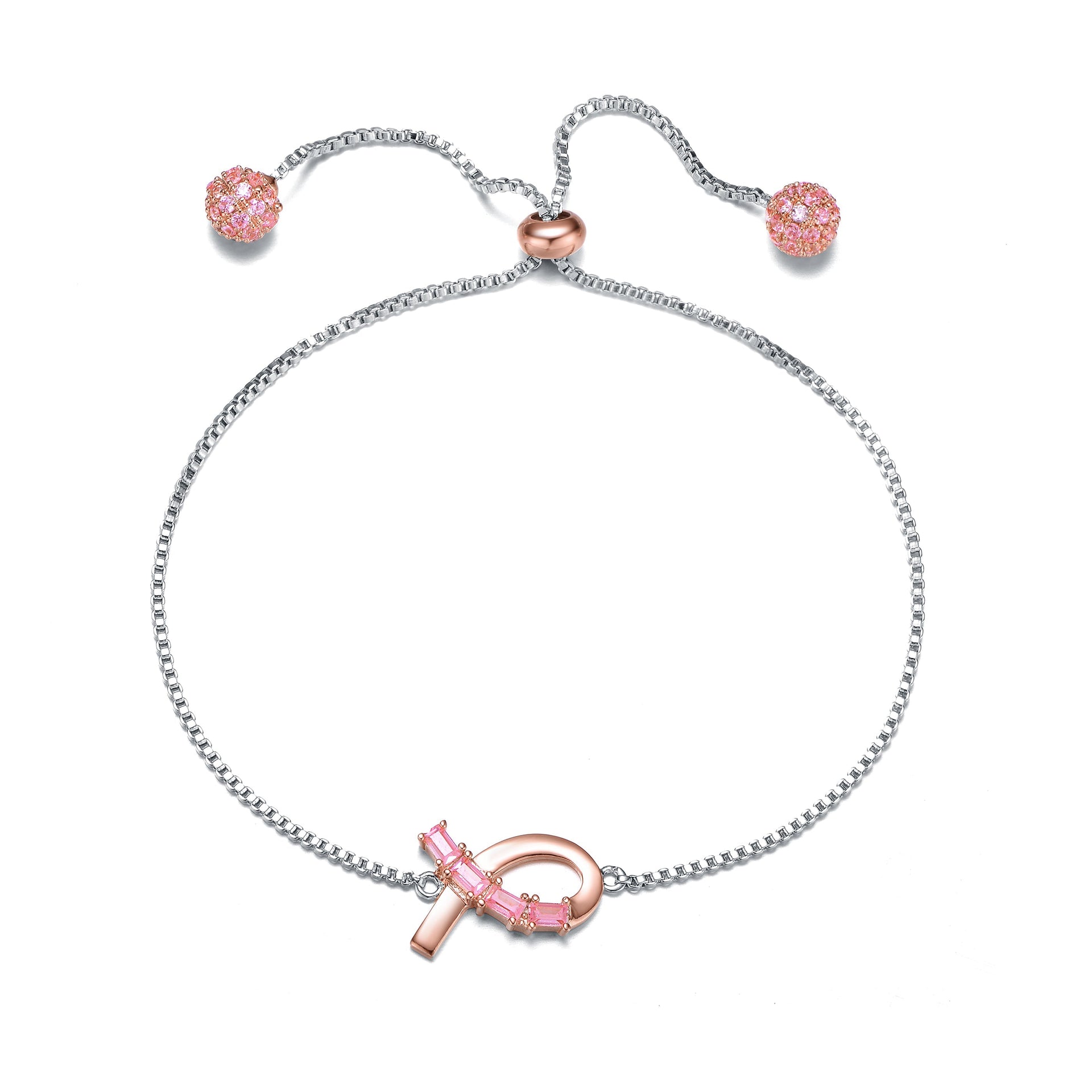 Sterling Silver Two Tone with Pink Cubic Zirconia Loop Bracelet