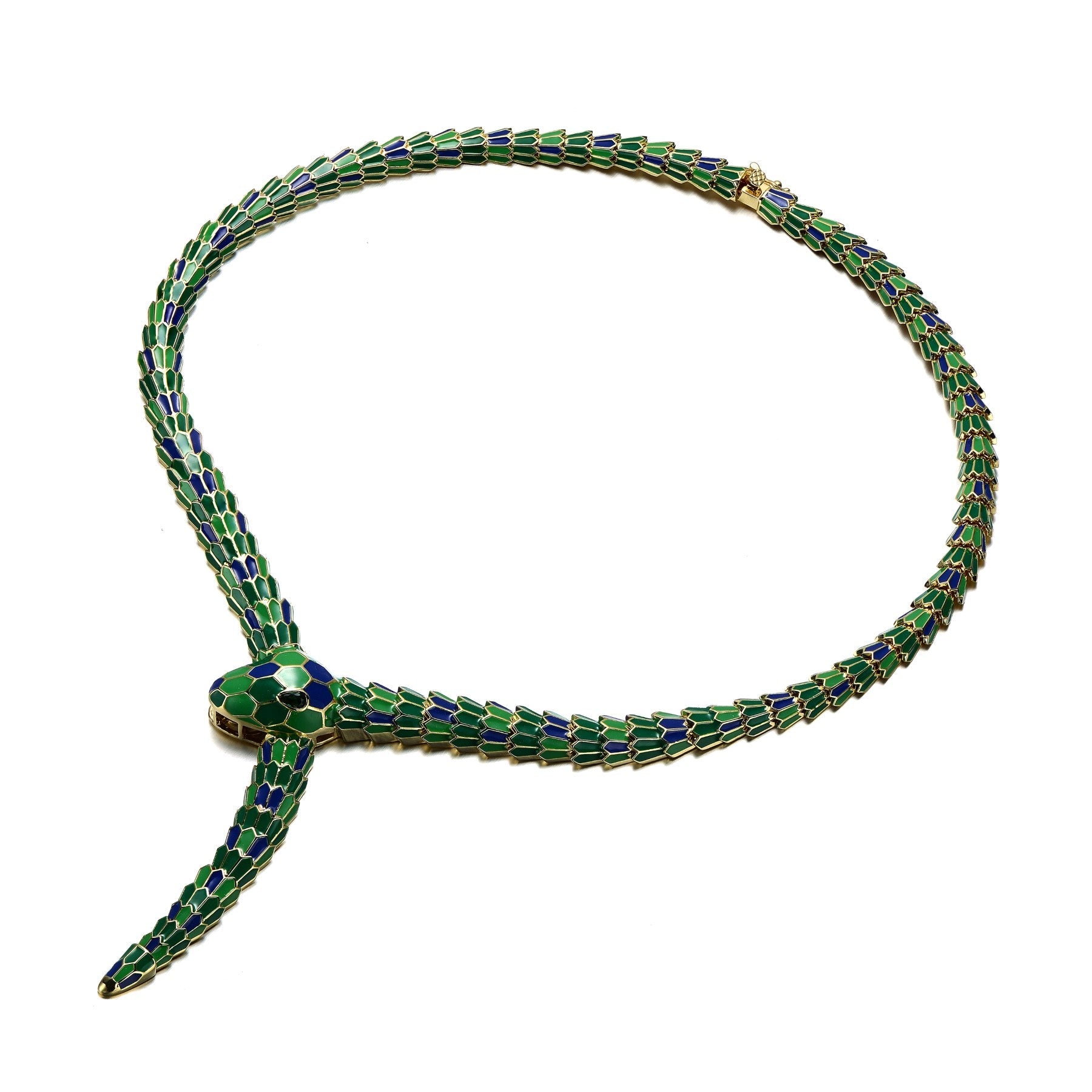 RG 14k Yellow Gold Plated with Emerald Cubic Zirconia Blue & Green Enamel Coiled Serpent Snake Stiff Collar Necklace