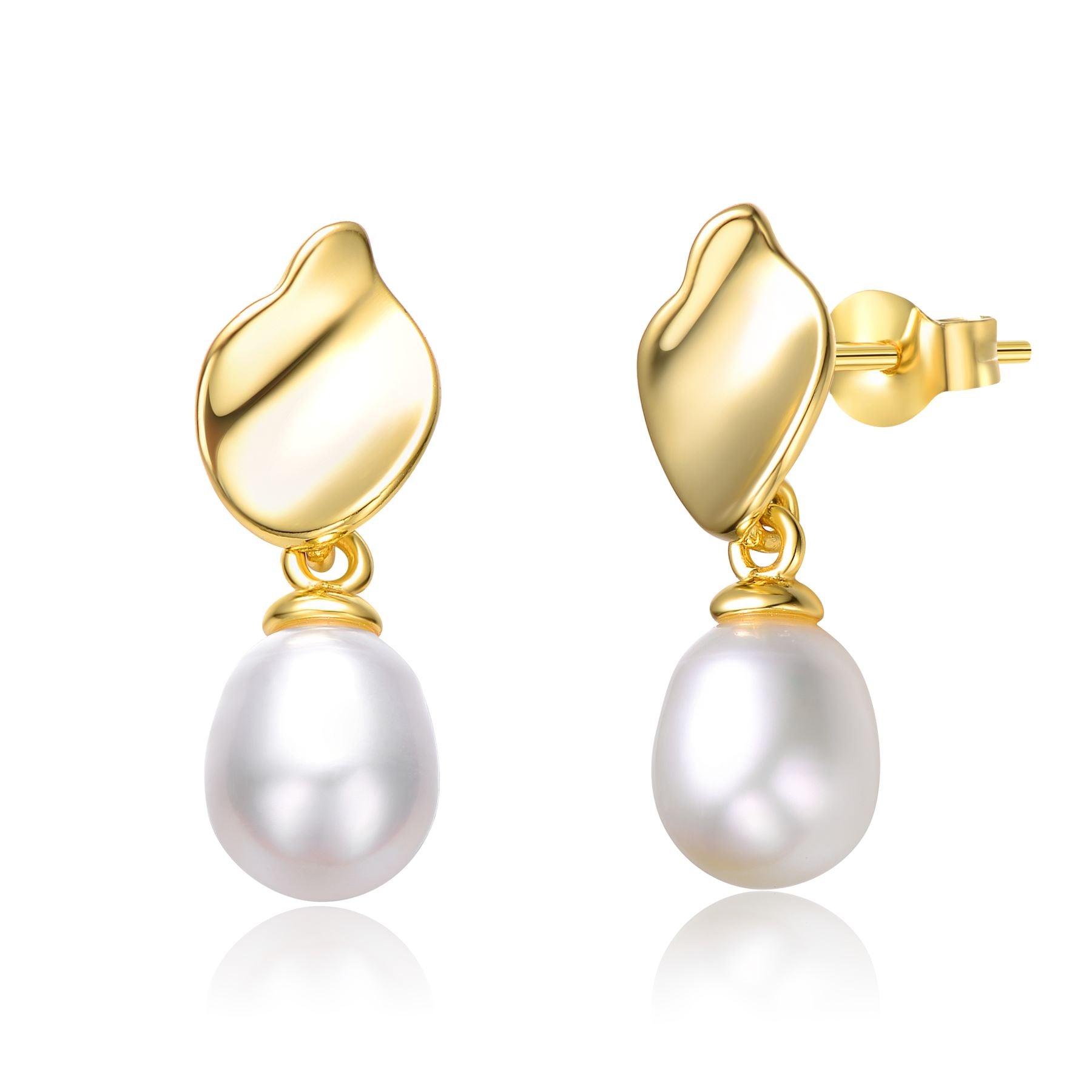 Sterling Silver 14k Yellow Gold Plated with Oval White Pearl Seashell Design Double Dangle Earrings