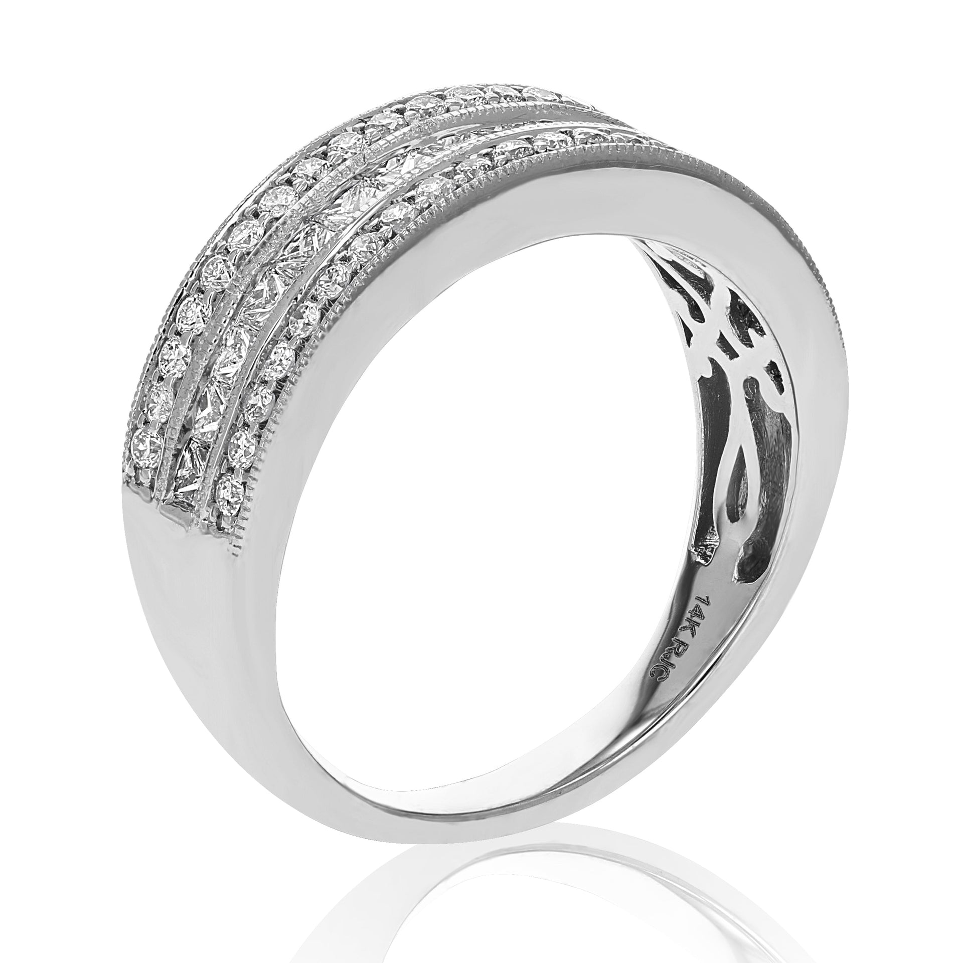 1 Cttw Princess And Round Diamond Wedding Band In 14K Gold With Milgrain