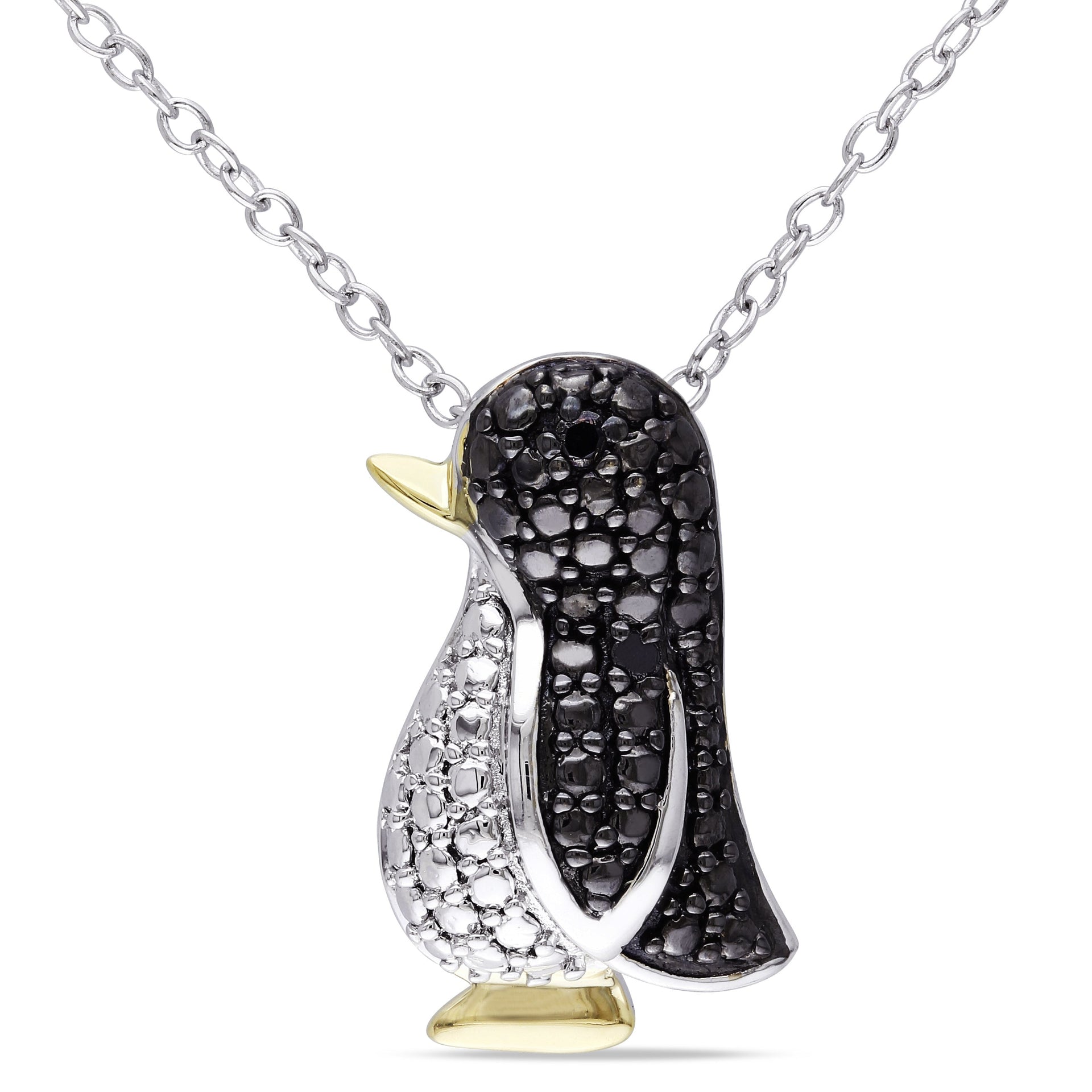 Black Diamond Penguin Necklace in Two-Tone White and Yellow Sterling Silver