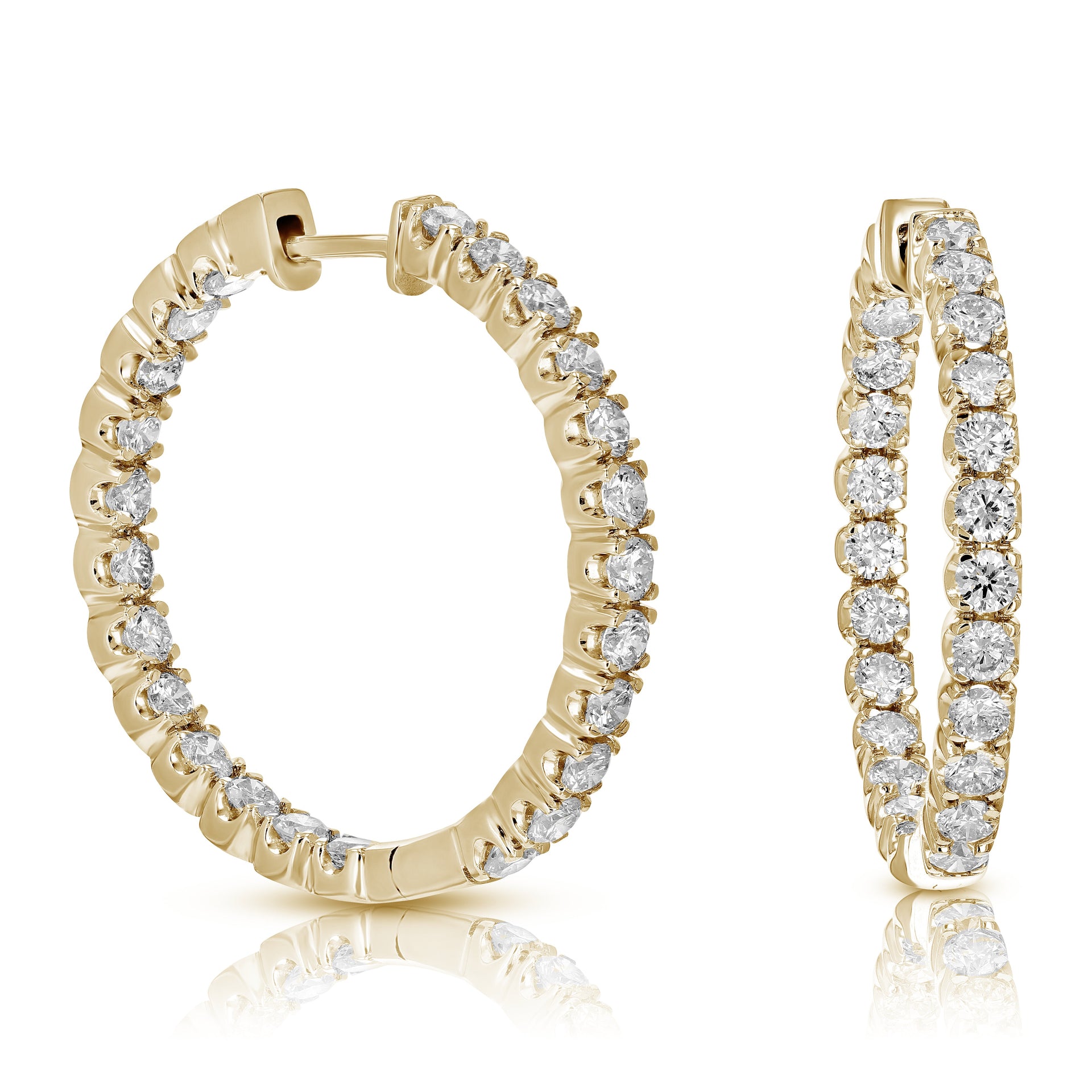 5 cttw Diamond Inside Out Hoop Earrings 14K Yellow Gold Round Prong Set 1.50 Inch