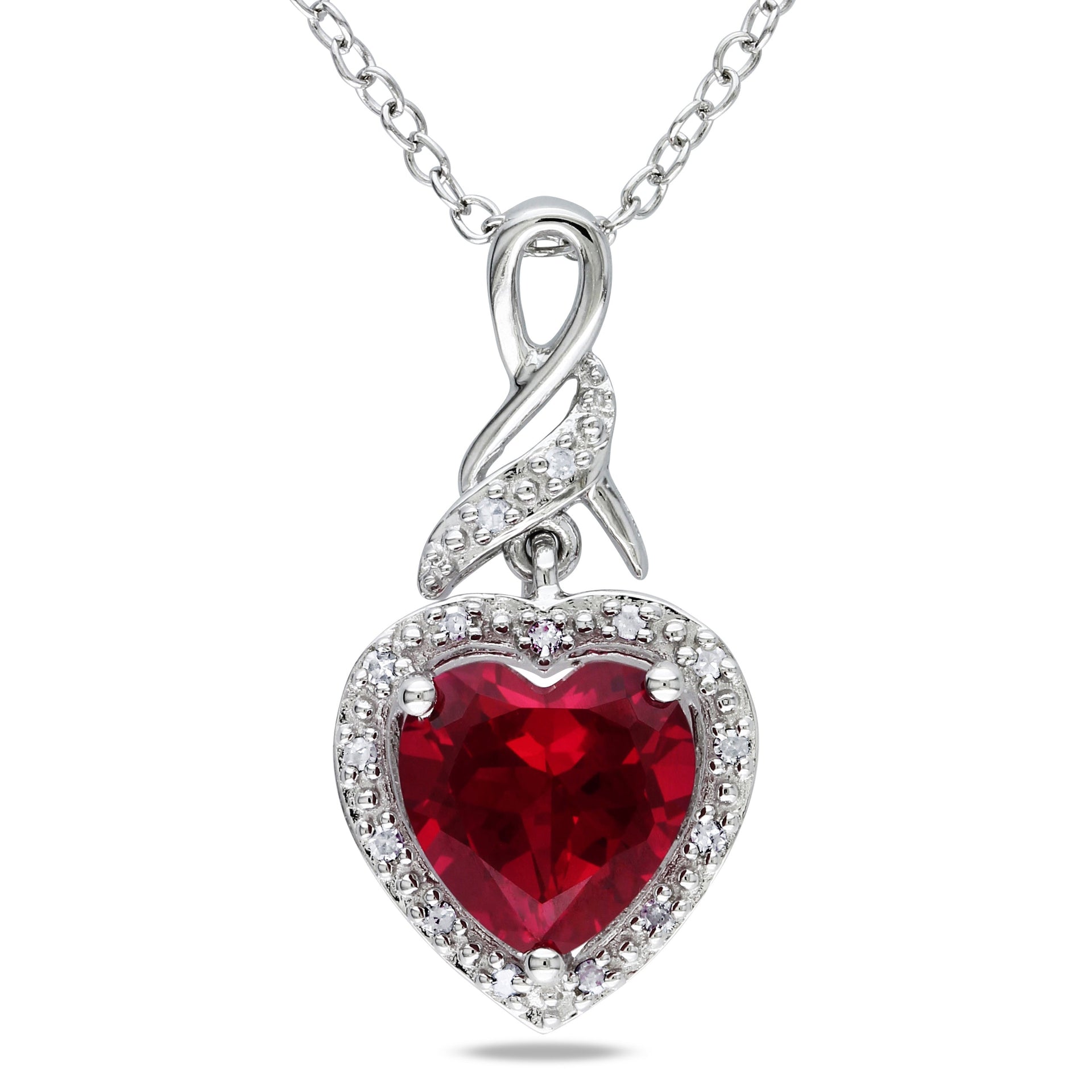 Mimi & Max 2 4/5ct TGW Created Ruby Heart and Diamond Twist Pendant with Chain in Sterling Silver