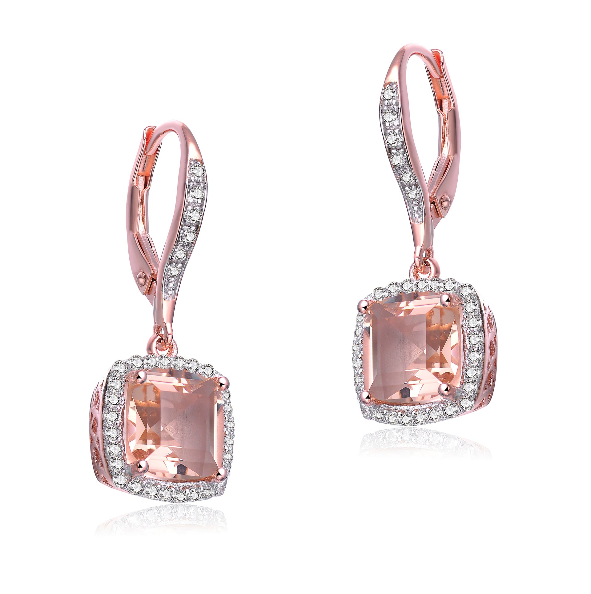 Sterling Silver Rose Gold Plated Morganite Cubic Zirconia Drop Earrings