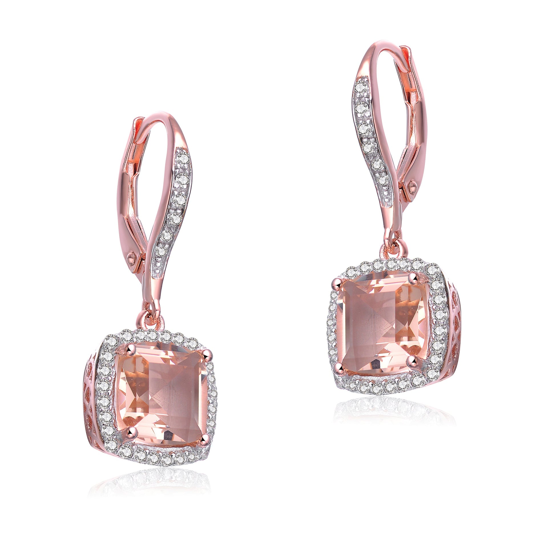 Sterling Silver Rose Gold Plated Morganite Cubic Zirconia Drop Earrings