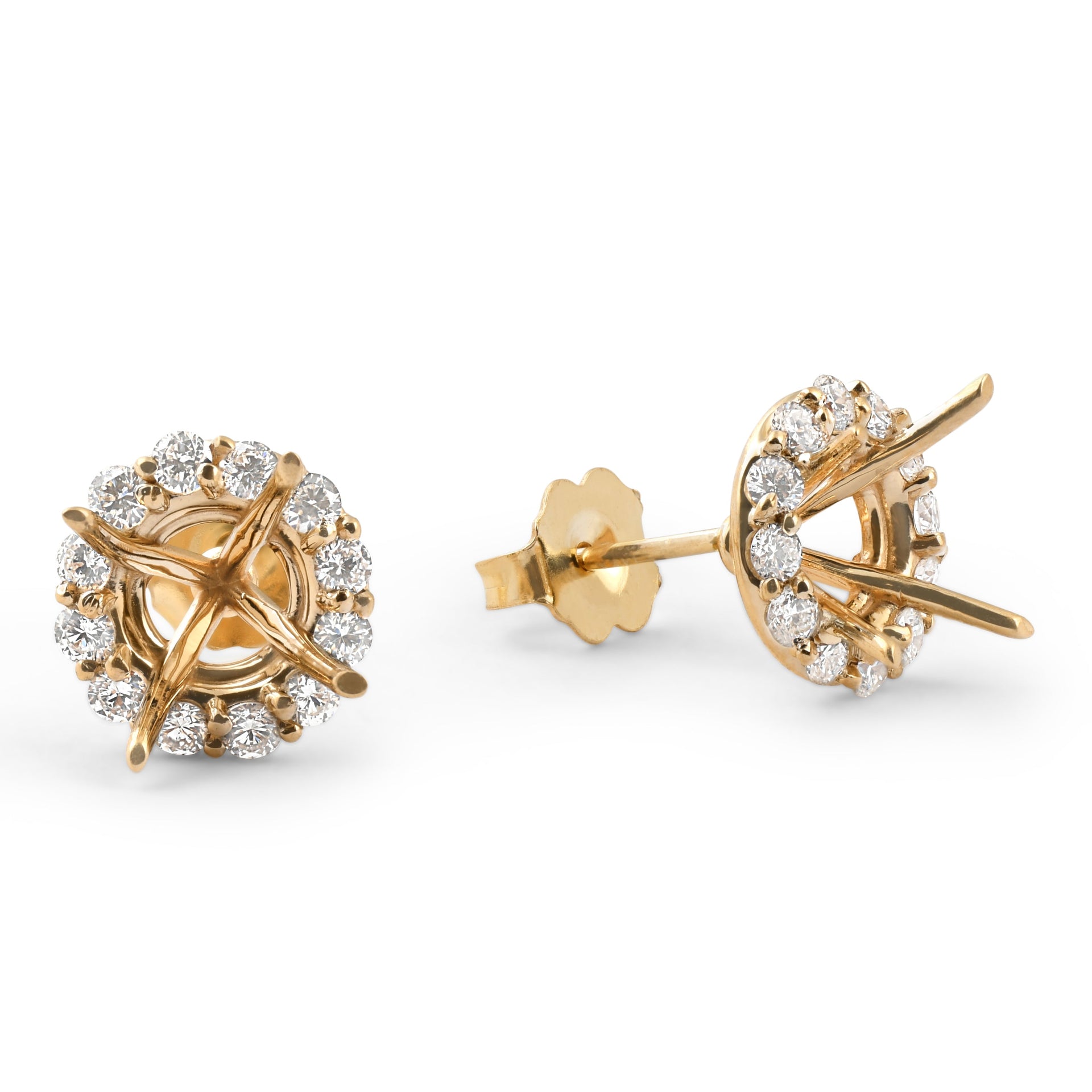 1/2 CT Diamond Halo Studs Mounts 14k Yellow Gold Fits 6MM Round Stones Mounting