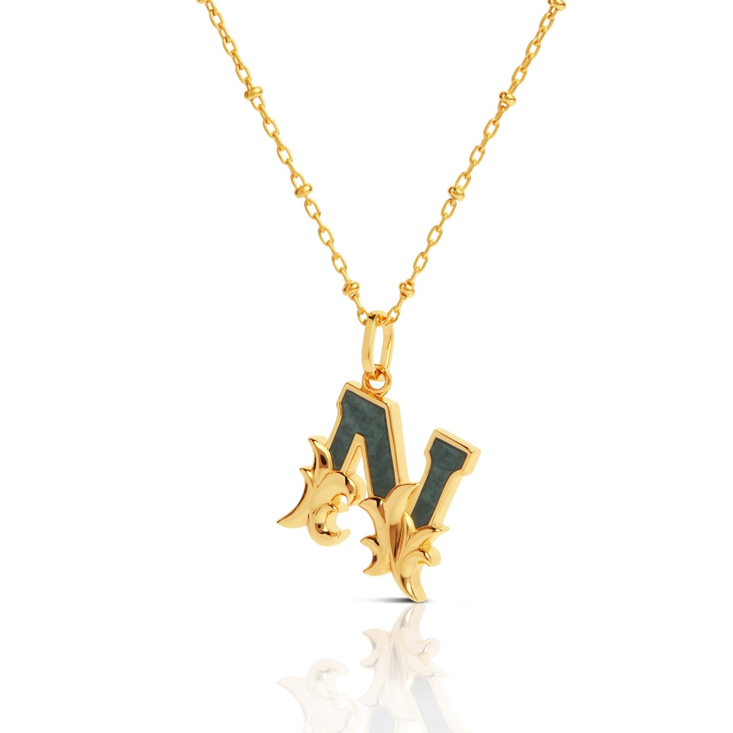 Gold Plated N Initial Necklace With Green Marble